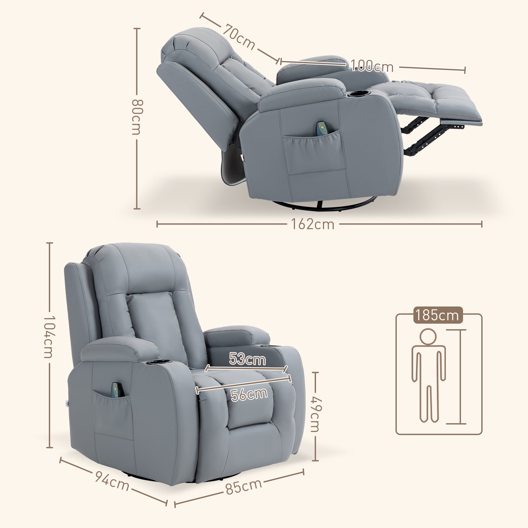 Massage Recliner Chair with 8 Vibration & Heat, PU Leather Recliner Armchair with Cup Holders and Side Pockets, Manual Reclining Chair with Remote, 360° Swivel, Rocking, Light Grey