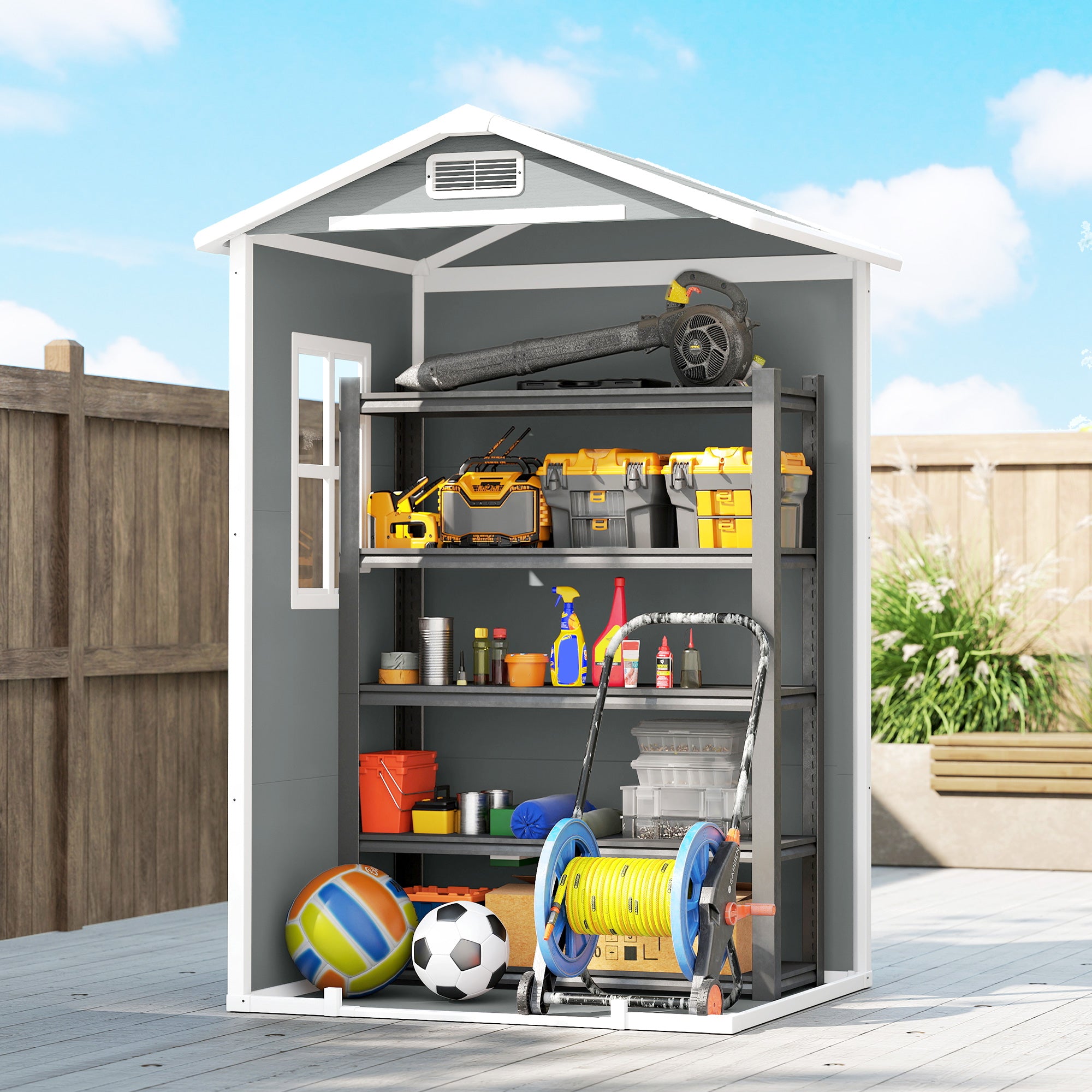 4 x 3 ft Plastic Garden Shed with Floor, Outdoor Storage Shed with Lockable Door, Window and Vent, Light Grey