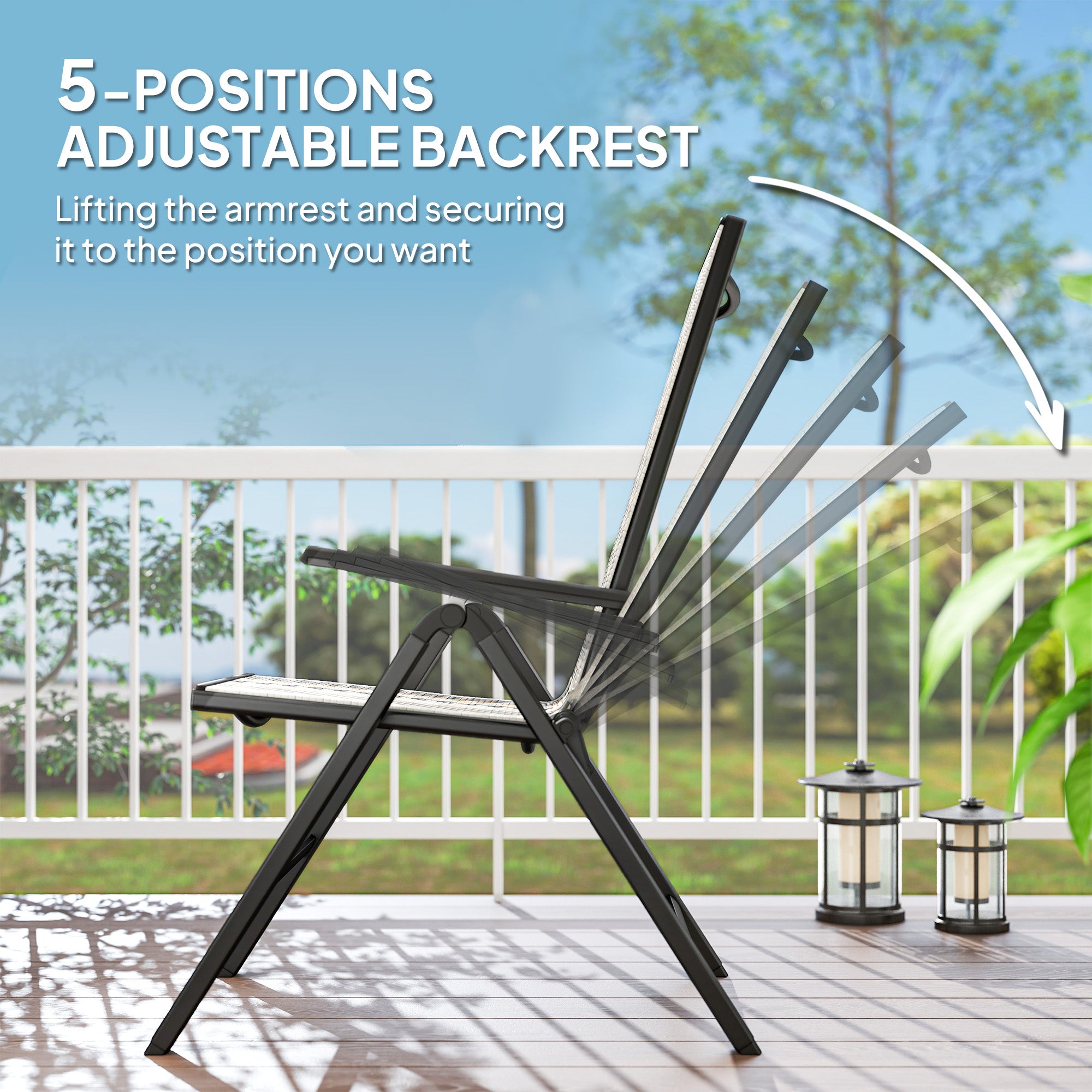 Outdoor Rattan Folding Chair with 5-Position Adjustable Backrest, Wicker Garden Dining Chair with Wide Armrest, Set of 2 for Patio, Terrace, Balcony, Black