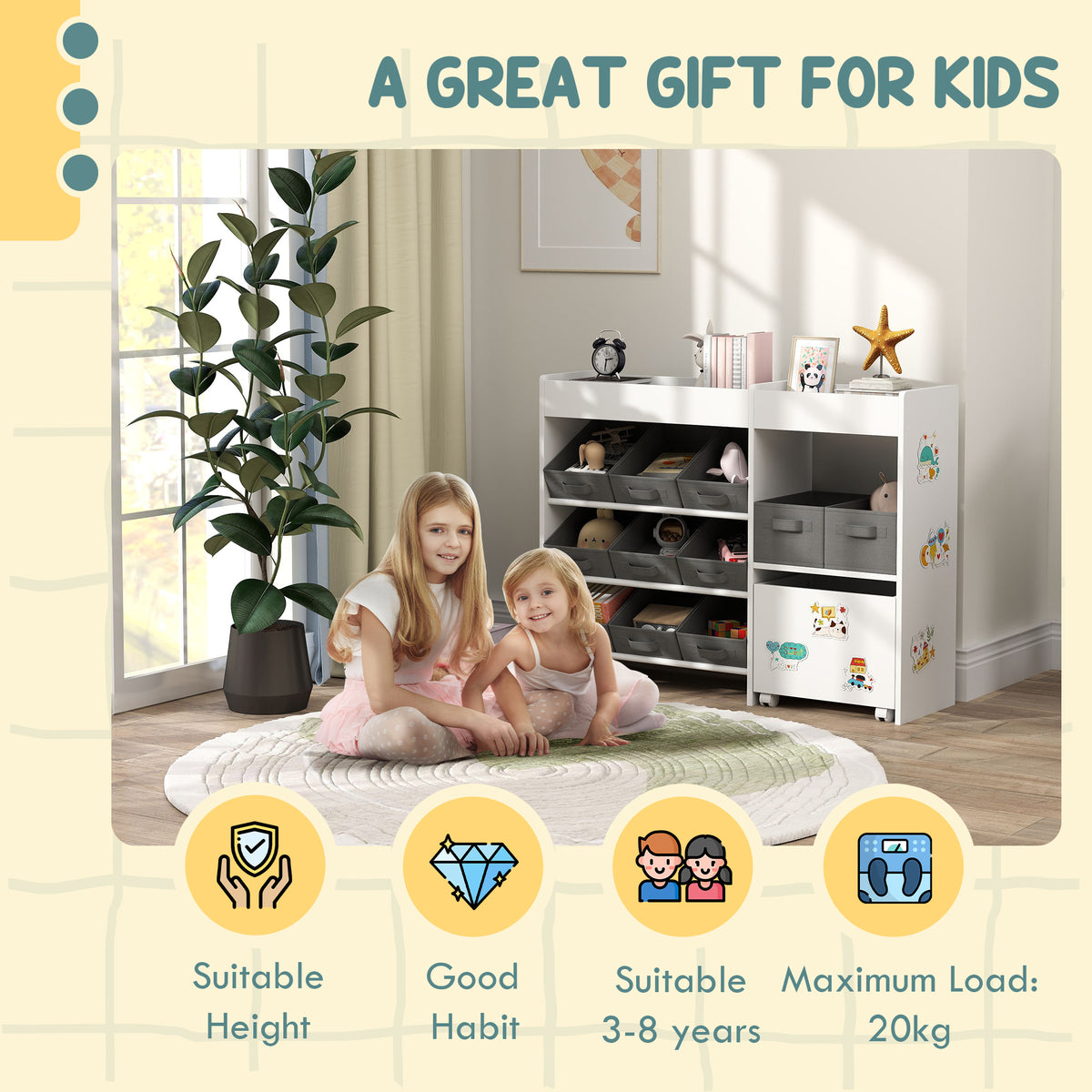 Kids Toy Storage Unit with 11 Fabric Bins and Shelves - White