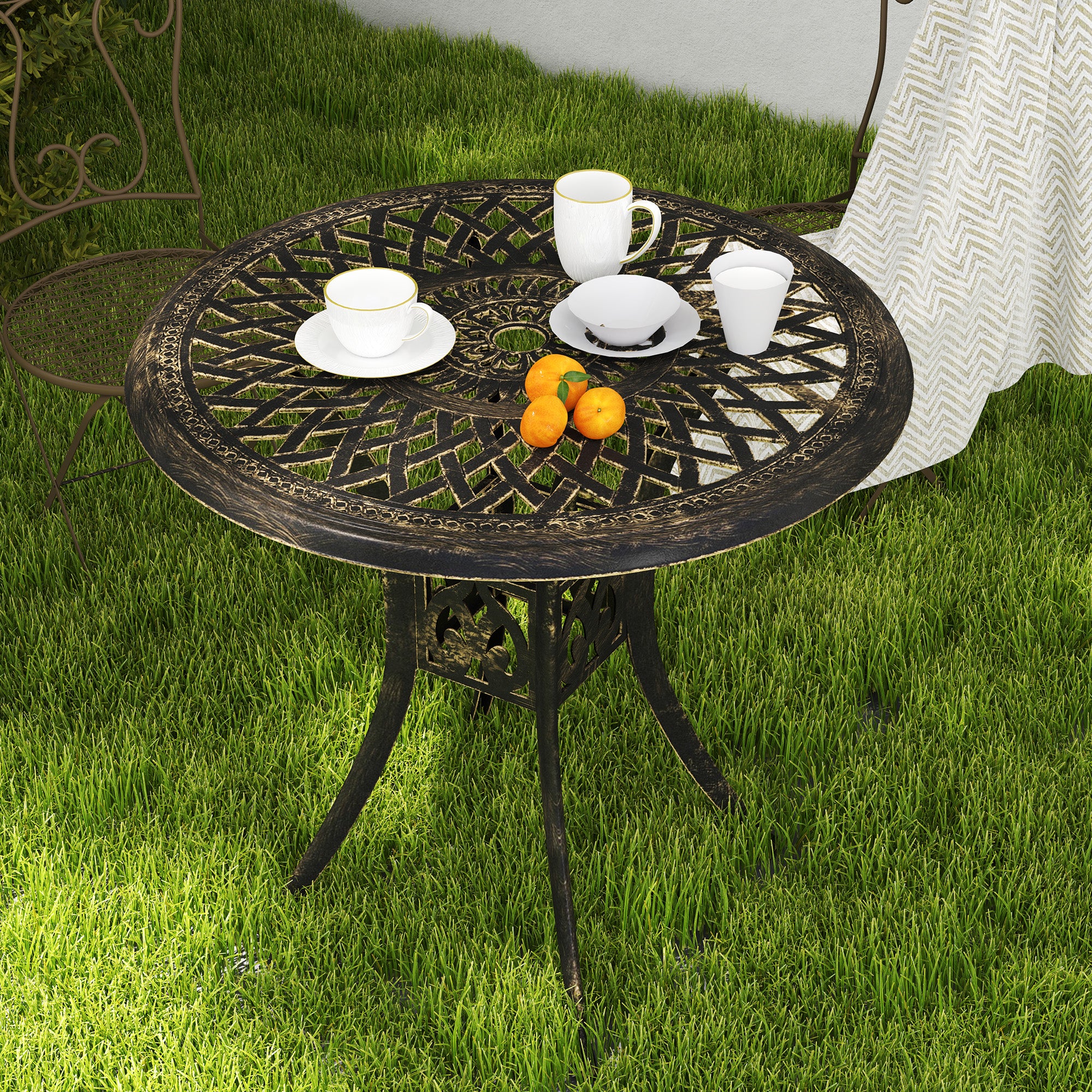 78 cm Round Garden Dining Table with Parasol Hole Bronze Cast Aluminium