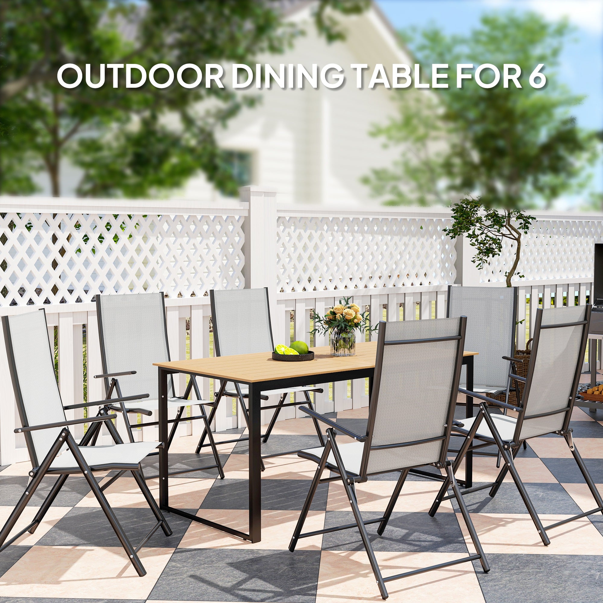6 Seater Teak Effect Outdoor Dining Table with Metal Frame