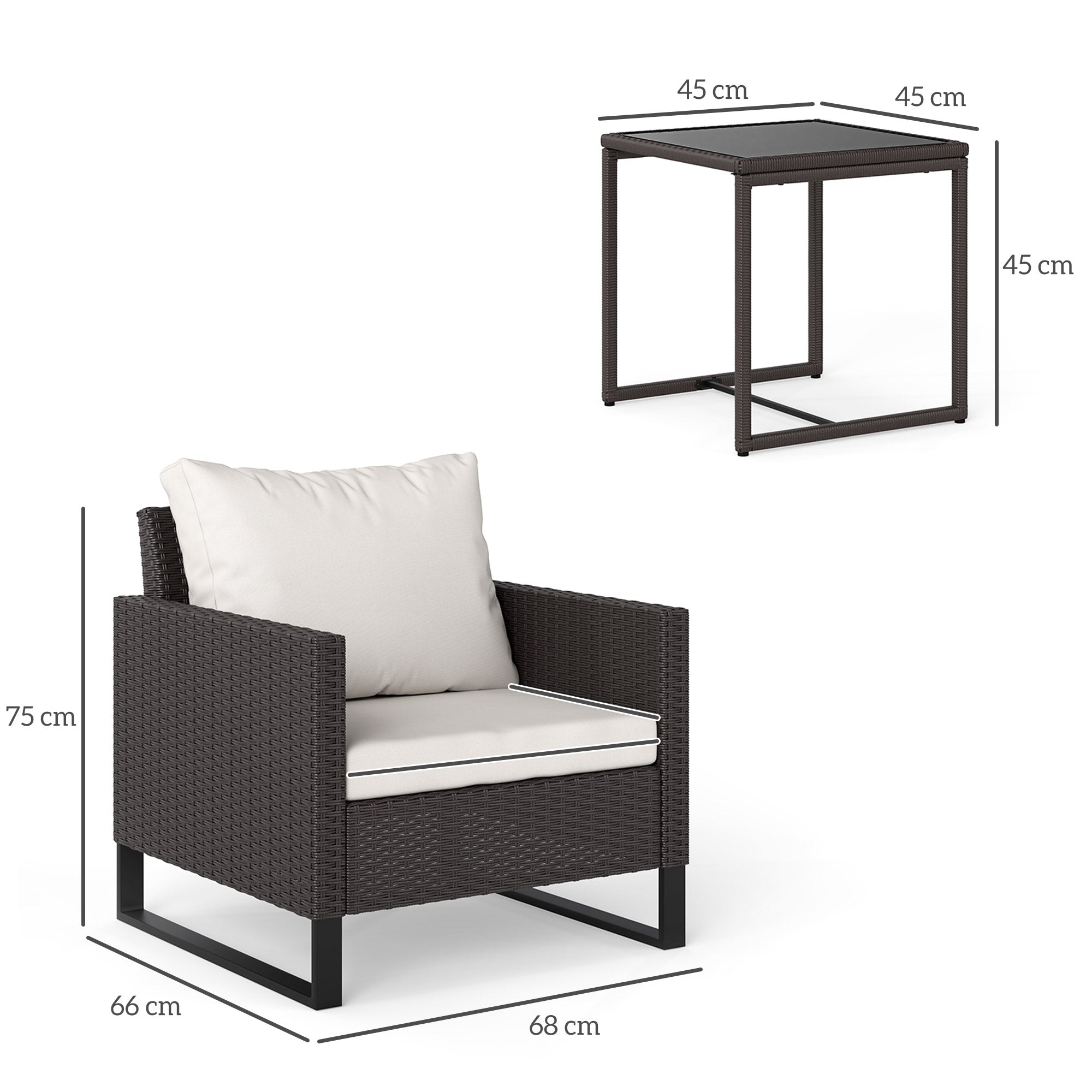 3 Piece Rattan Bistro Set with Cushions and Glass Table - Brown