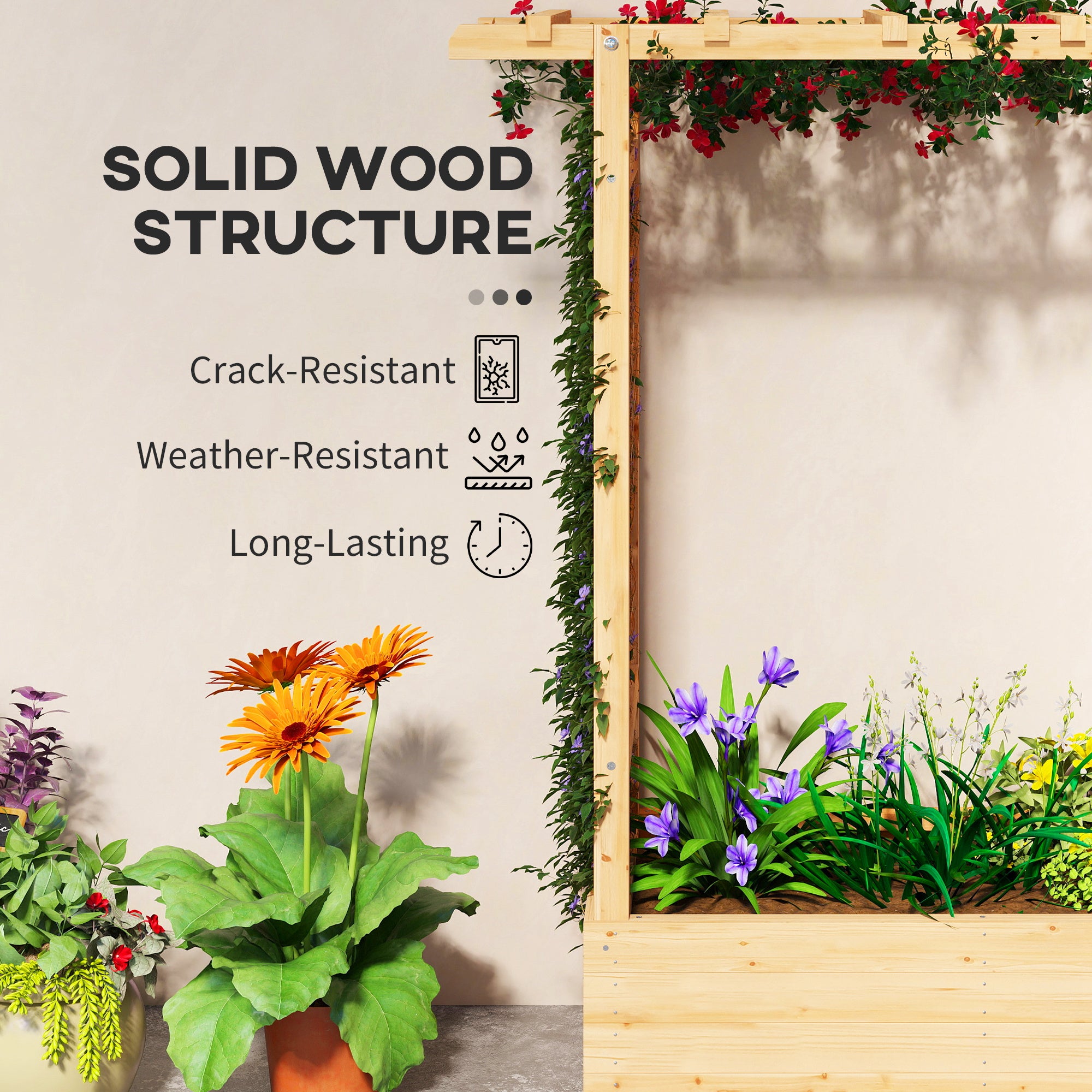 Garden Planter with Trellis, Wooden Raised Bed for Garden with Hanging Roof and Drainage Holes, Outdoor Trellis Planter Box for Vegetables, Herbs and Flowers, 110 x 44 x 113 cm, Natural