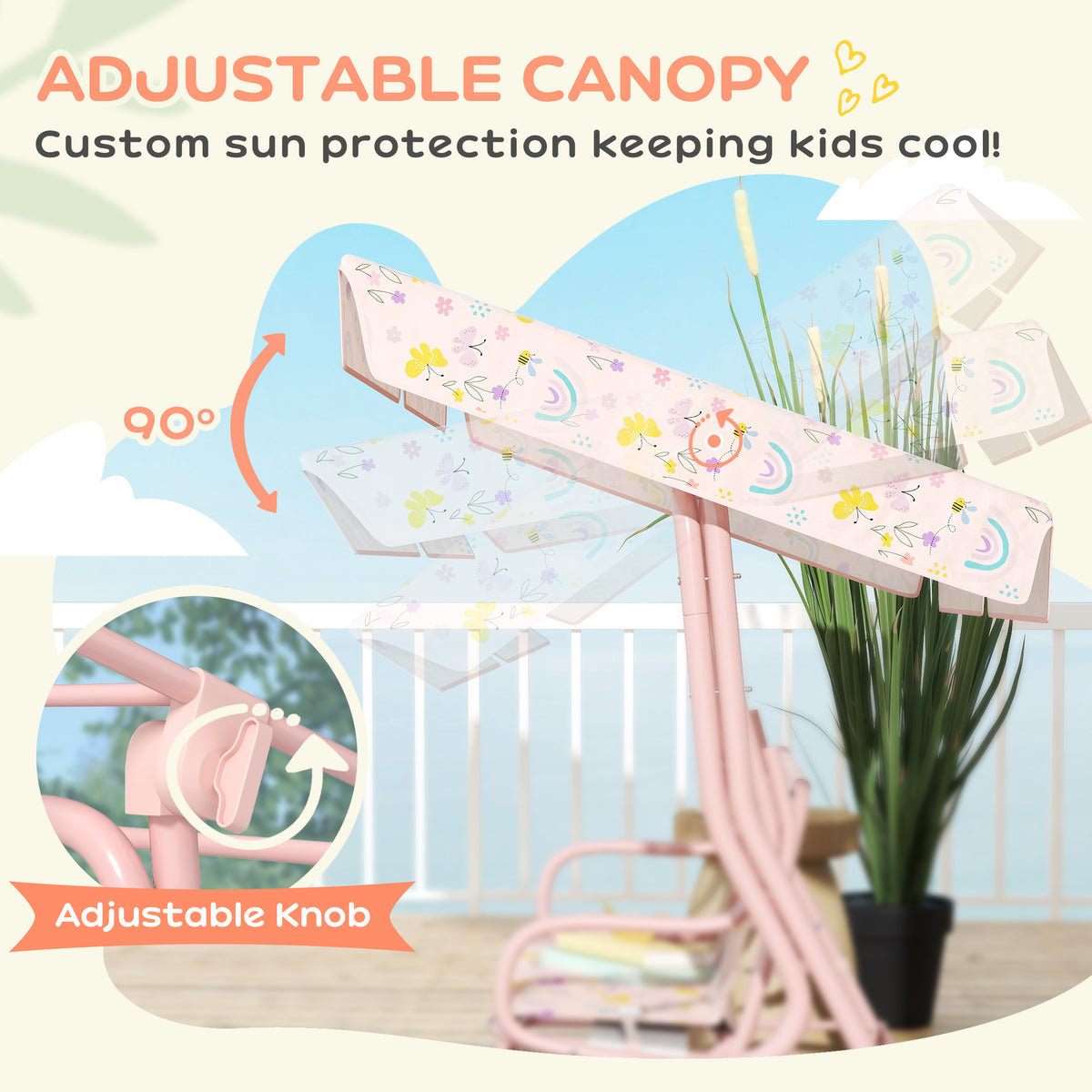 Kids 2-Seater Garden Swing Chair with Adjustable Canopy and Safety Belt - Pink