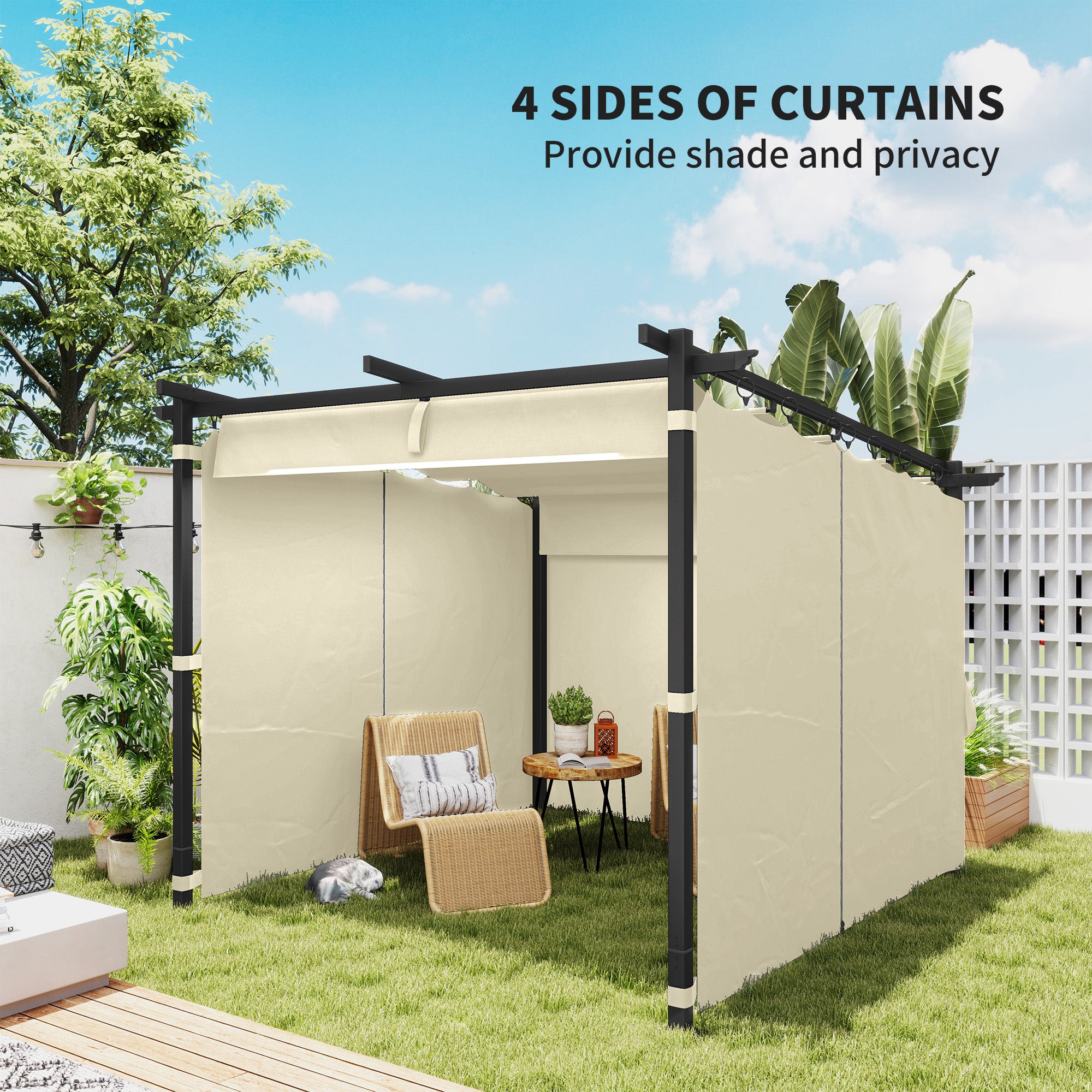 3 x 3 Metre Retractable Roof Pergola with Curtains - Beige