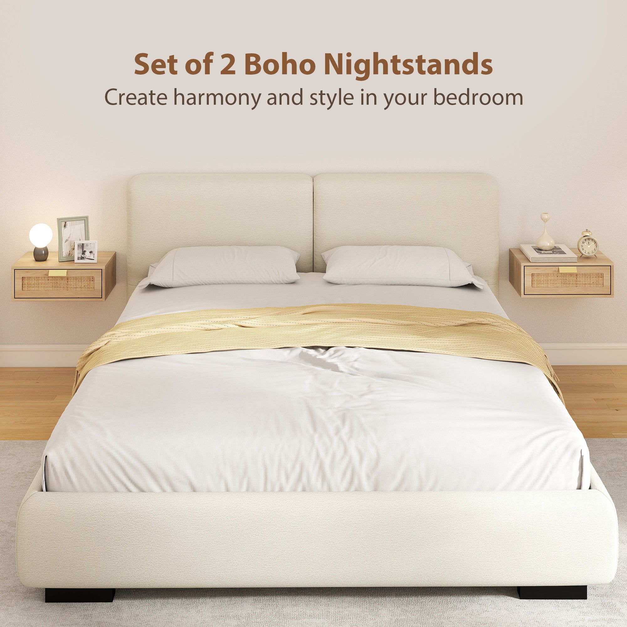 Floating Bedside Tables Set of 2, Wall Mounted Bedside Cabinets with Rattan Drawer and Wood Effect, Oak