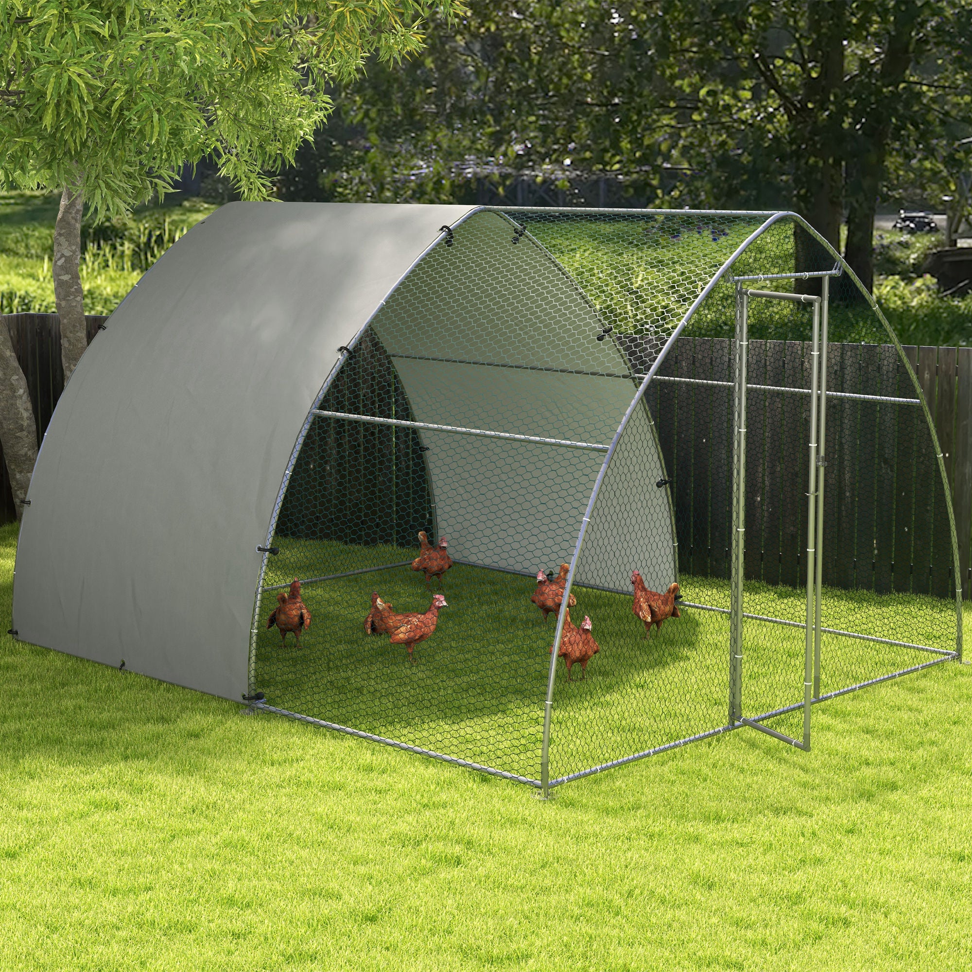 Galvanised Outdoor Chicken Coop, with Cover, for 8-12 Chickens, Hens, Ducks, Rabbits, 3 x 3.8 x 2.2m - Silver Tone