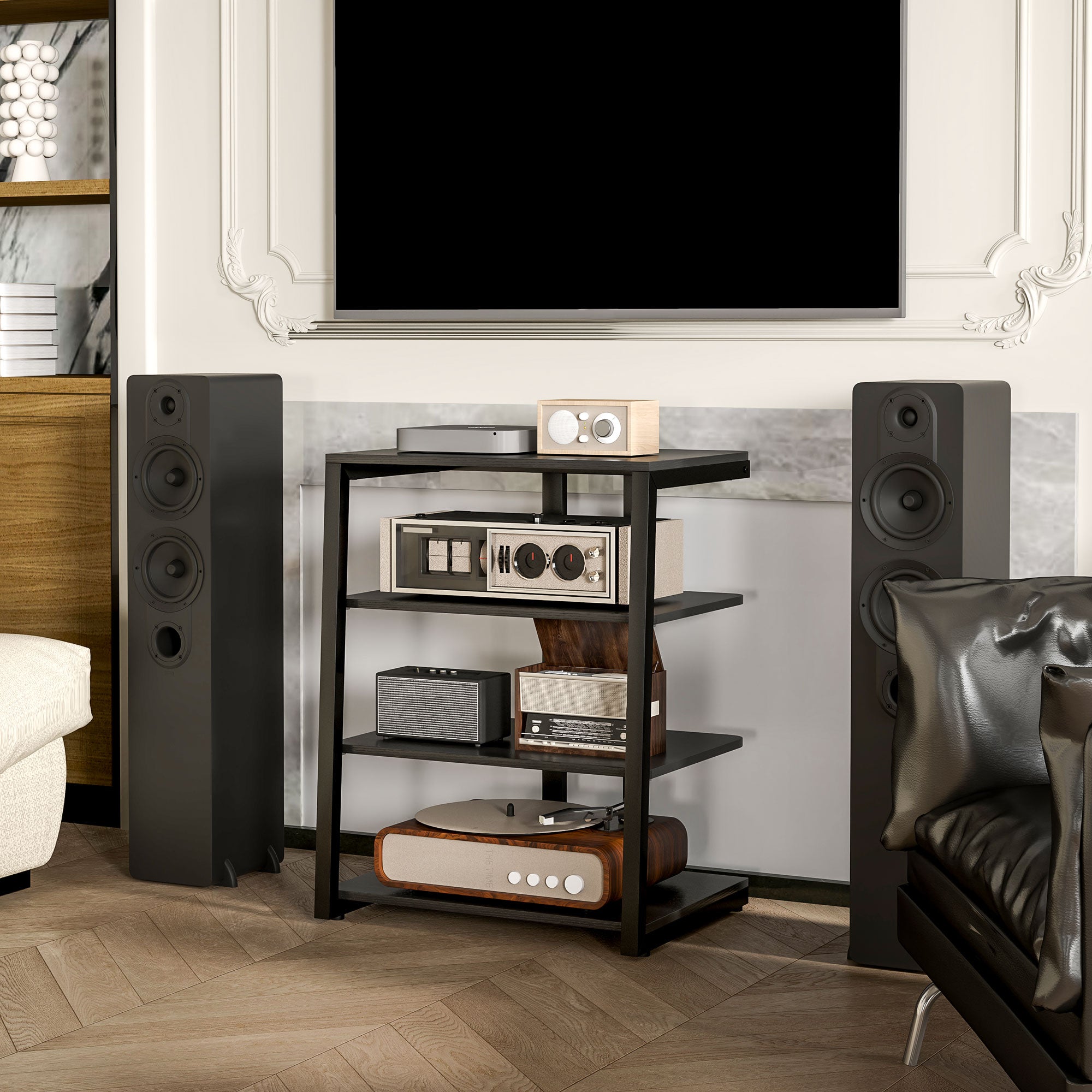 HiFi Stand, with Four Storage Shelves - Black