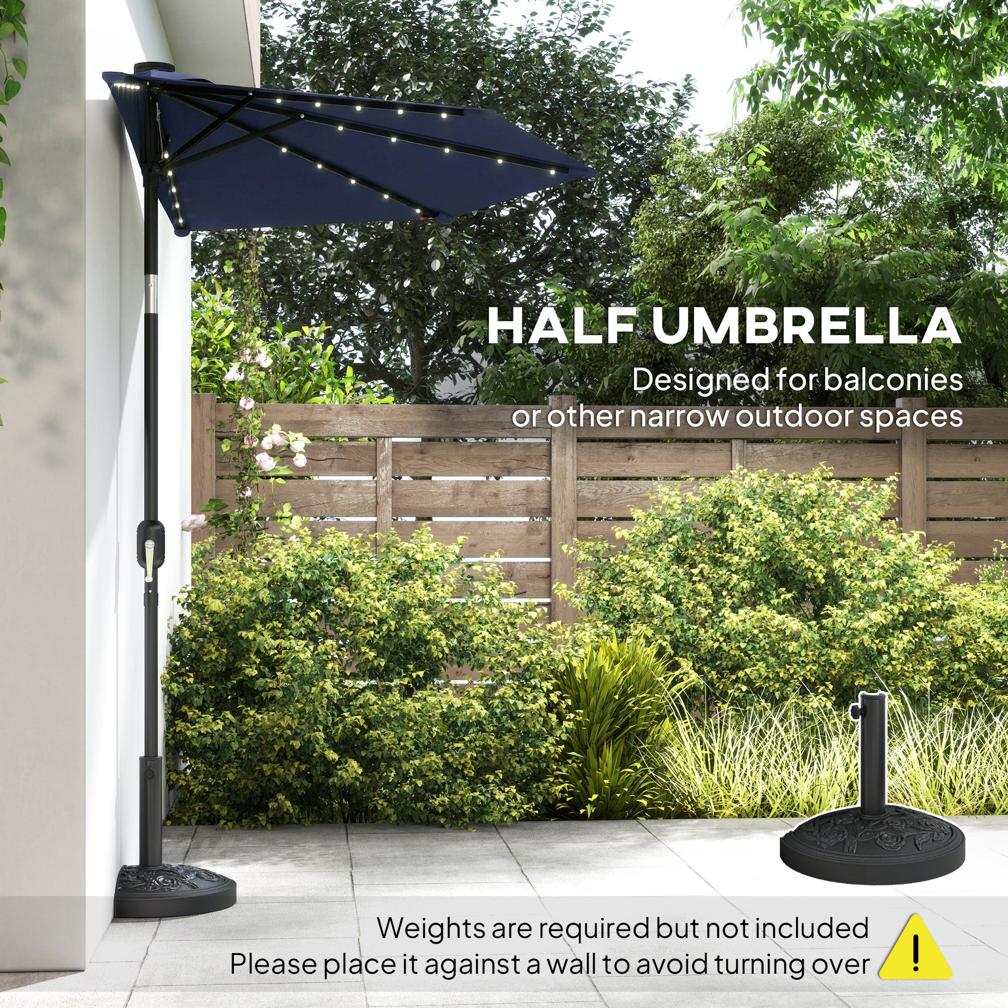 2.6 m Half Garden Parasol with Solar LED Lights, UPF50+ Semi Round Umb