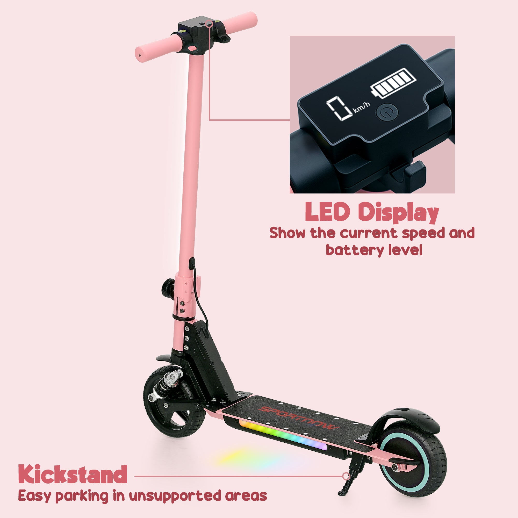 Folding Electric Scooter for Kids 6-14 with Dual Brakes, Suspension, LED Lights & Display, 6.8kg Aluminium, 14 KM/H - Pink