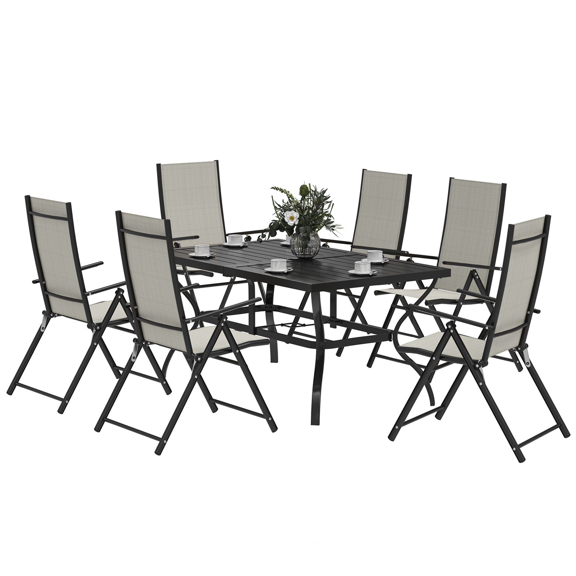 7 Piece Steel Outdoor Dining Set with Parasol Hole - Khaki