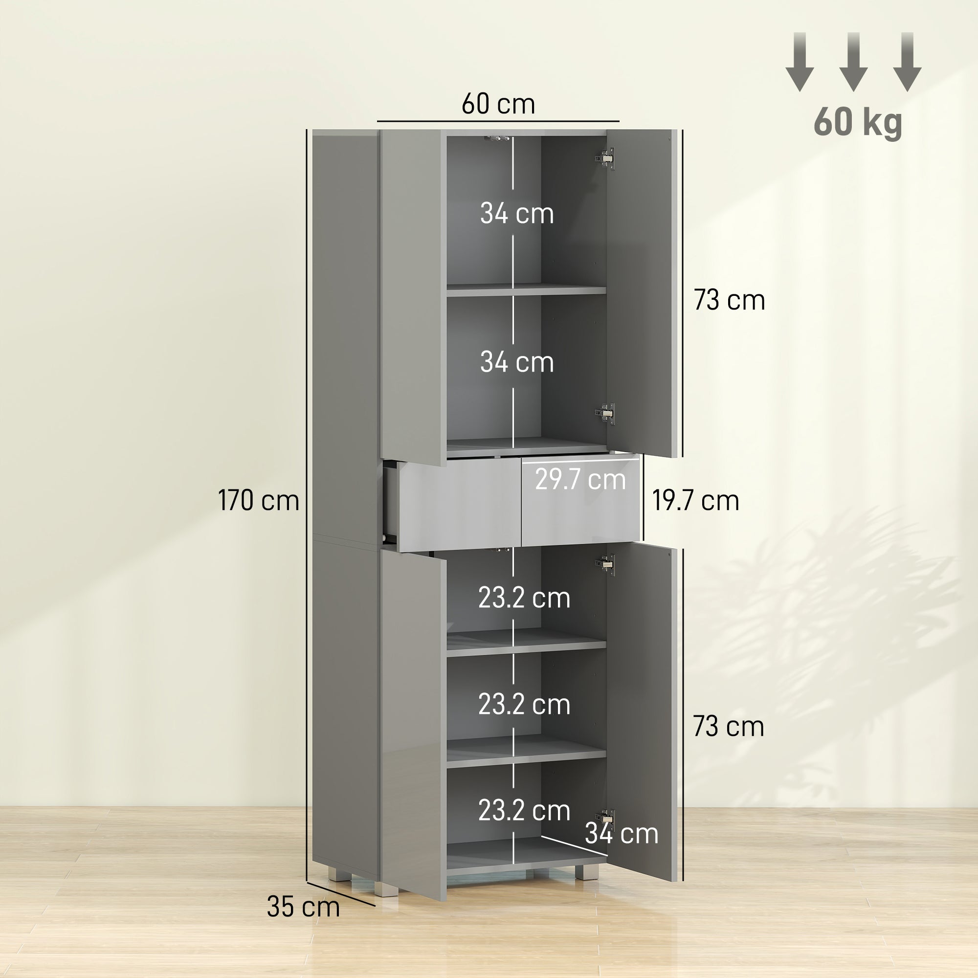 Storage Cabinet, Kitchen Cupboard with 3 Adjustable Shelves, 60L x 35W x 170H cm, High Gloss Grey