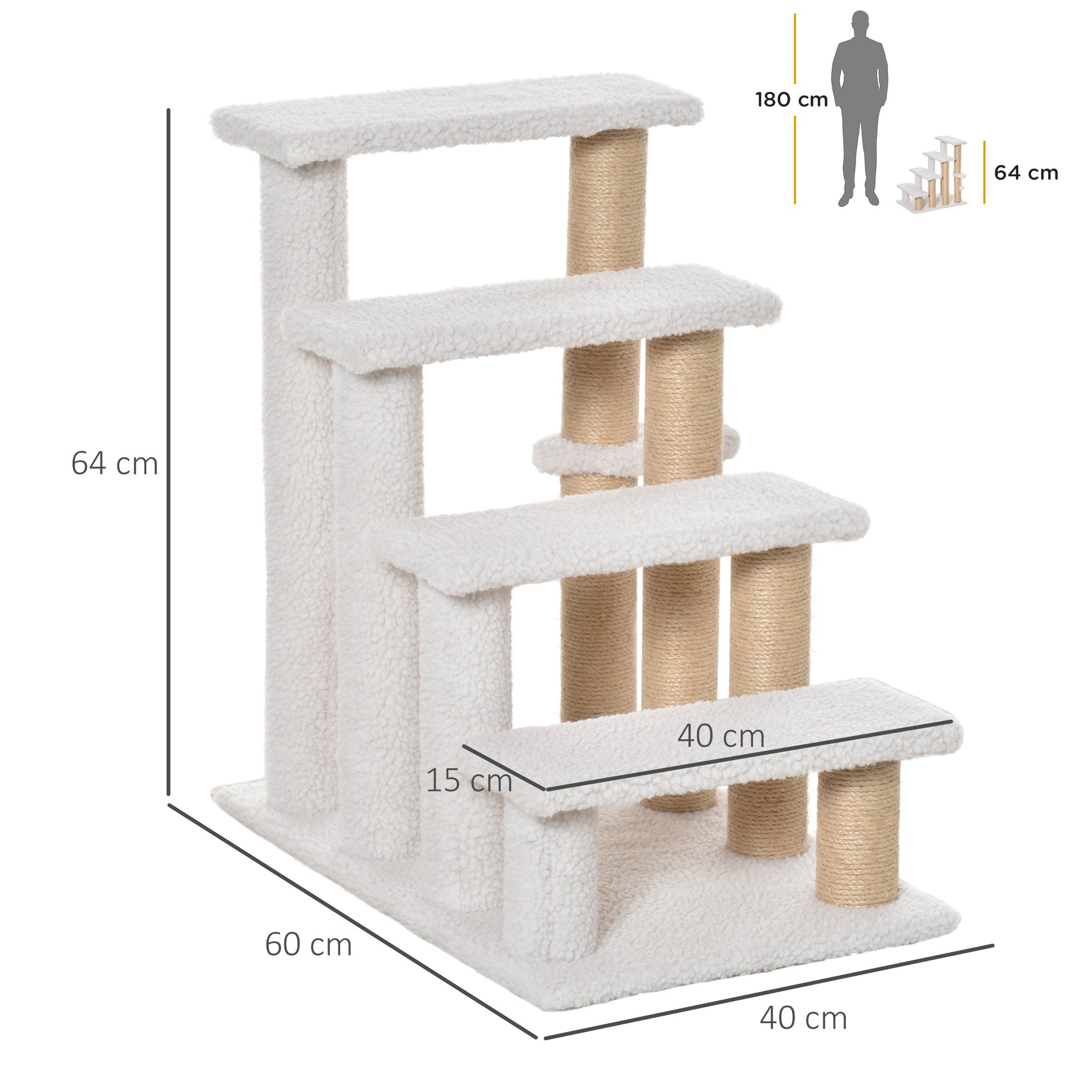 Pet Stair with 4-step Climb Ladder, Scratching Posts, Platforms, Toy Ball, for Indoor Elderly Cats Kittens, White