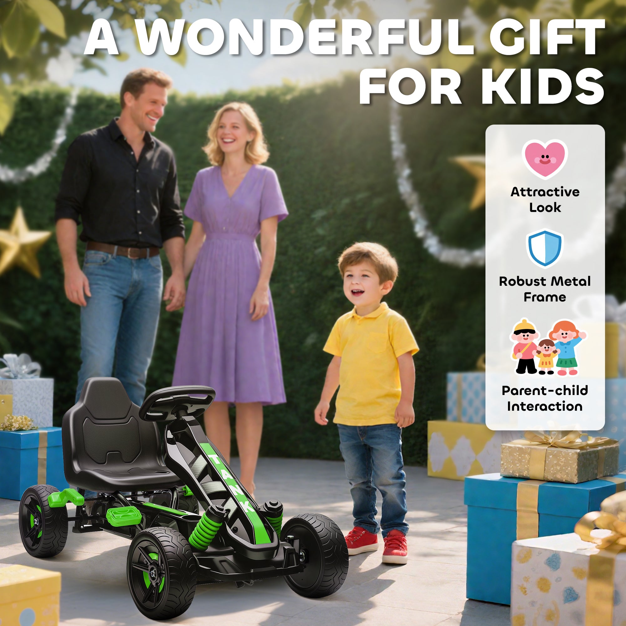Pedal Go Kart for Kids Aged 3-6 Years, with Freewheel System, Brake, EVA Anti-Slip Wheels, Green