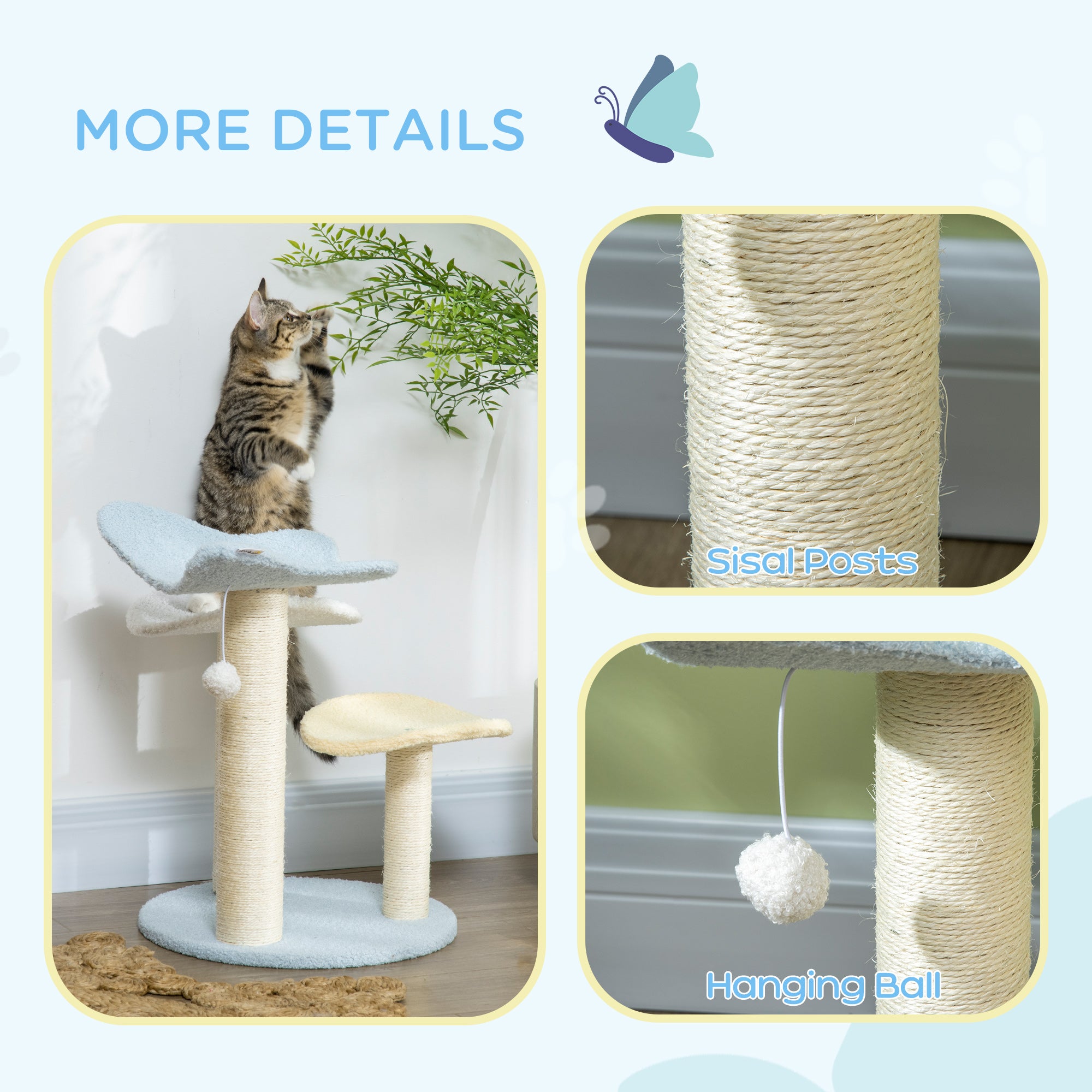 Indoor Cat Tree, with Sisal Scratching Post, Toy Ball - Blue and Cream