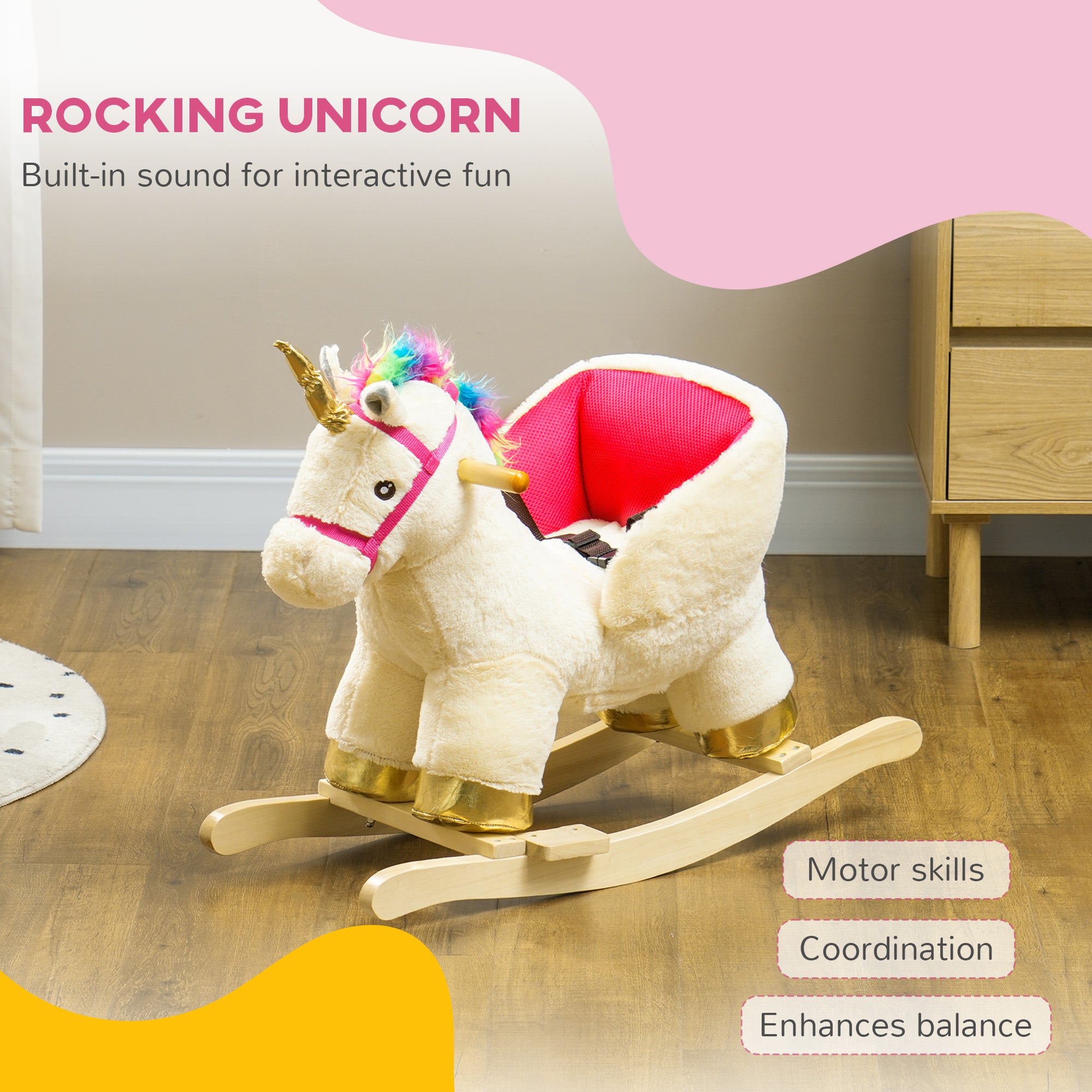 Kids Rocking Horse with Realistic Sound, Safety Belt, Wooden Base, for Toddlers 18-36 Months