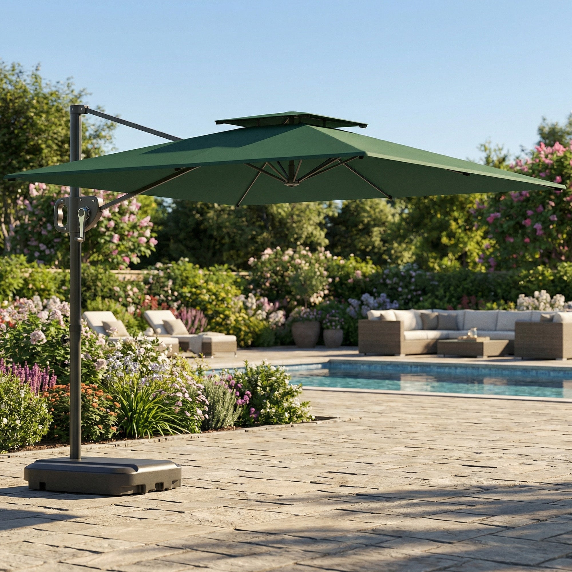 Cantilever Parasol with Weighted Base Double Top Garden Parasol Square Hanging Patio Umbrella with Crank Tilt Dark Green