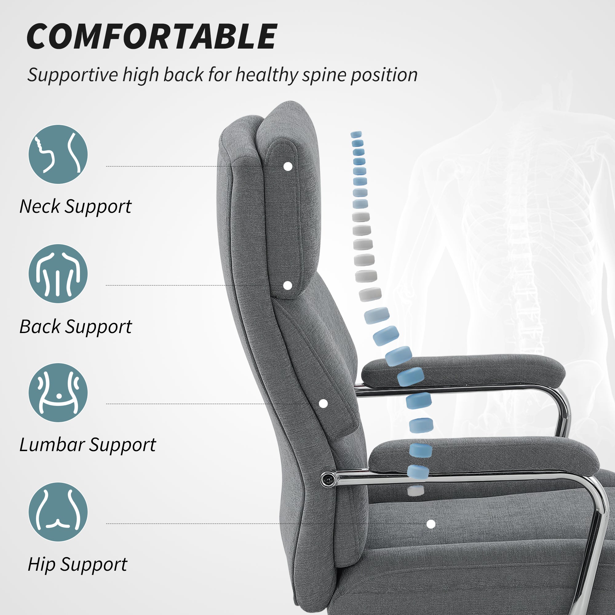 Executive Office Chair, Linen Fabric Computer Desk Chair with Double-Layer Back Cushion, Rocking Function, Height Adjustable for Home, Charcoal Grey