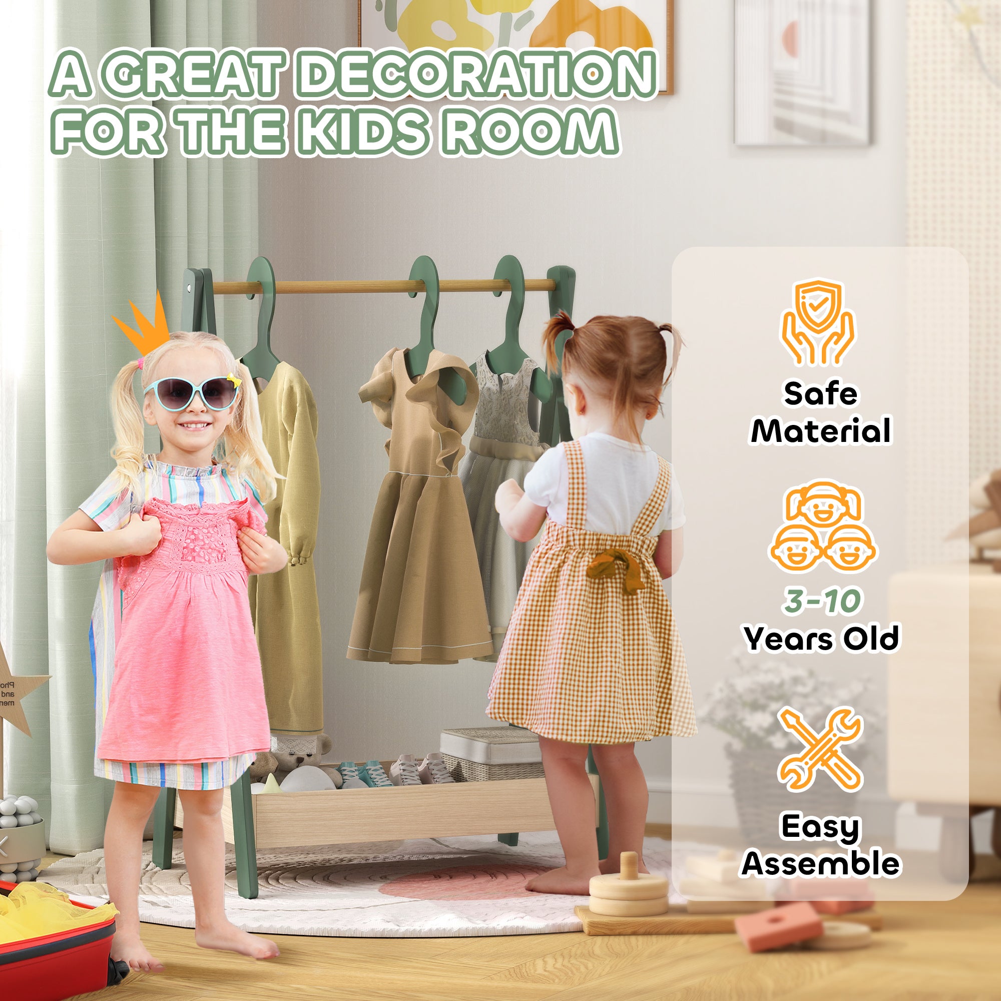 Kids Clothes Rail with 3Hangers, Bottom Storage Shelf for Girls, Boys, Nursery, Bedroom, Green