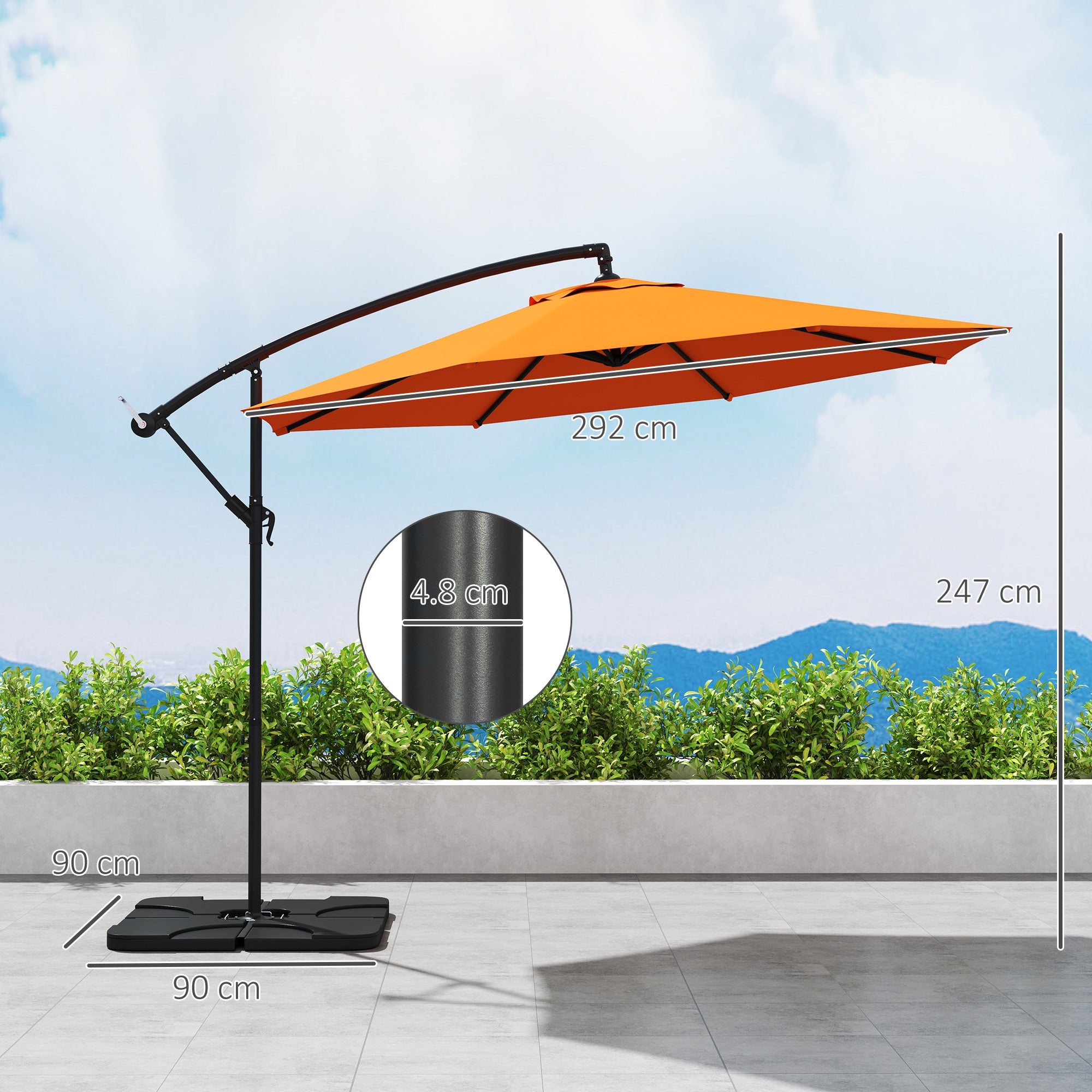 3m Overhanging Parasol, with Base, Weights and Cover - Orange