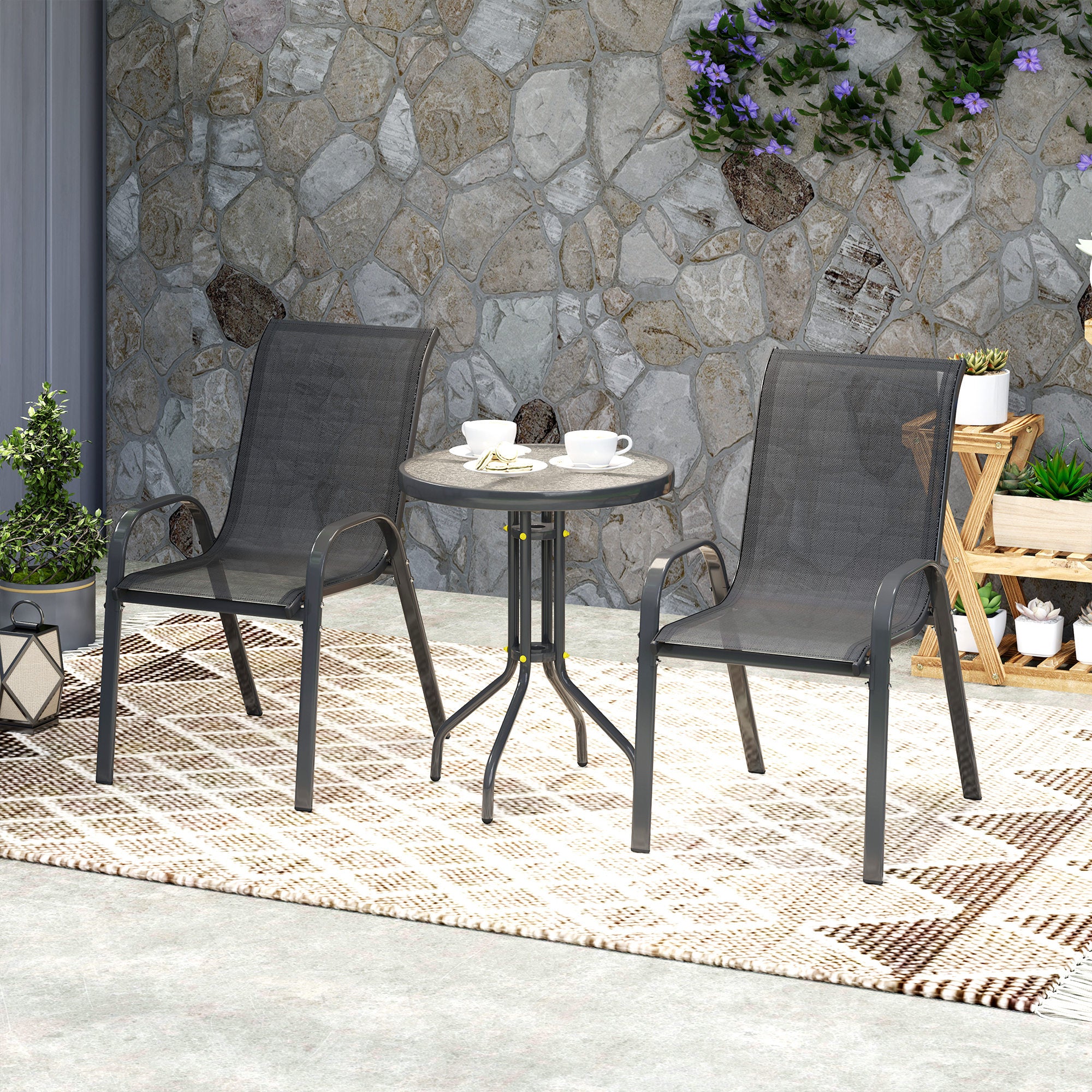 Three-Piece Outdoor Garden Set with Table and Chairs - Black