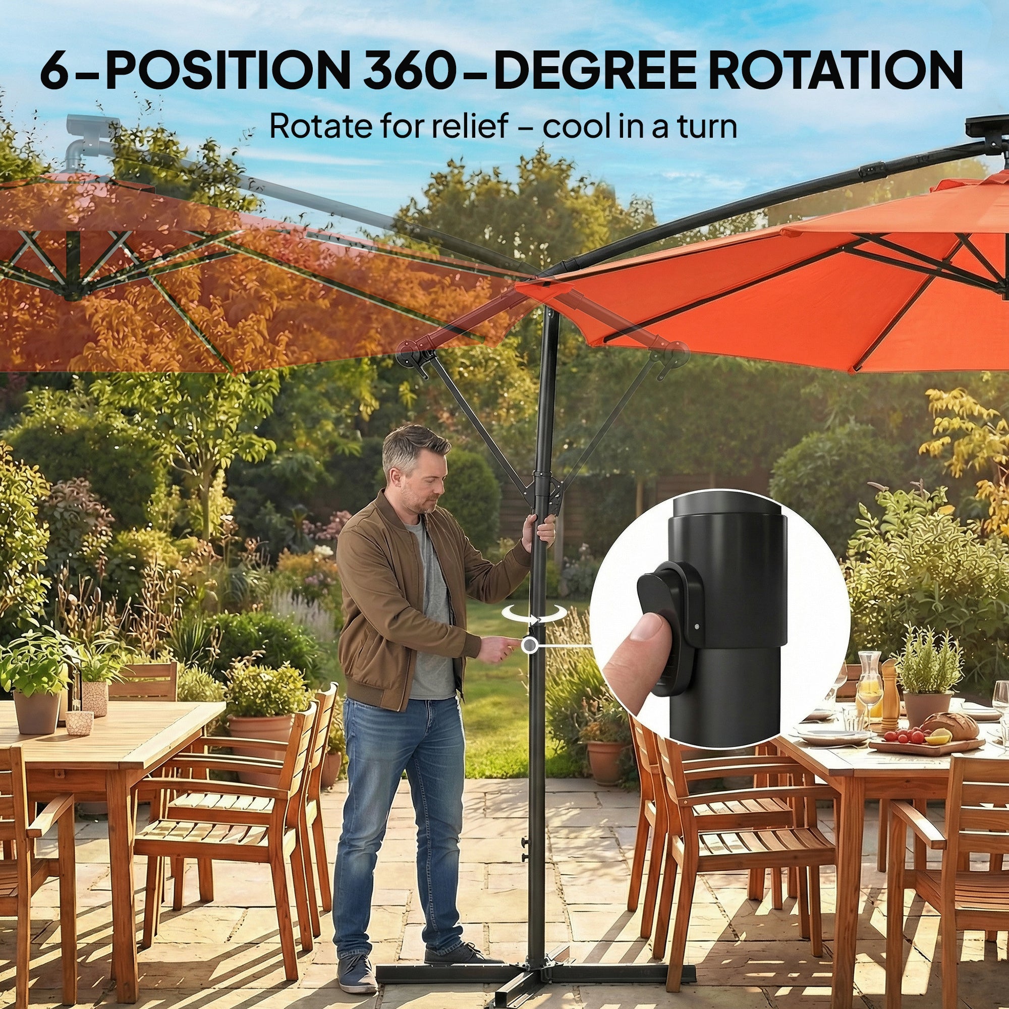 3 m Garden Cantilever Parasol with LED Solar Light, Round Overhanging Umbrella with 360° Rotation, Cover, Orange