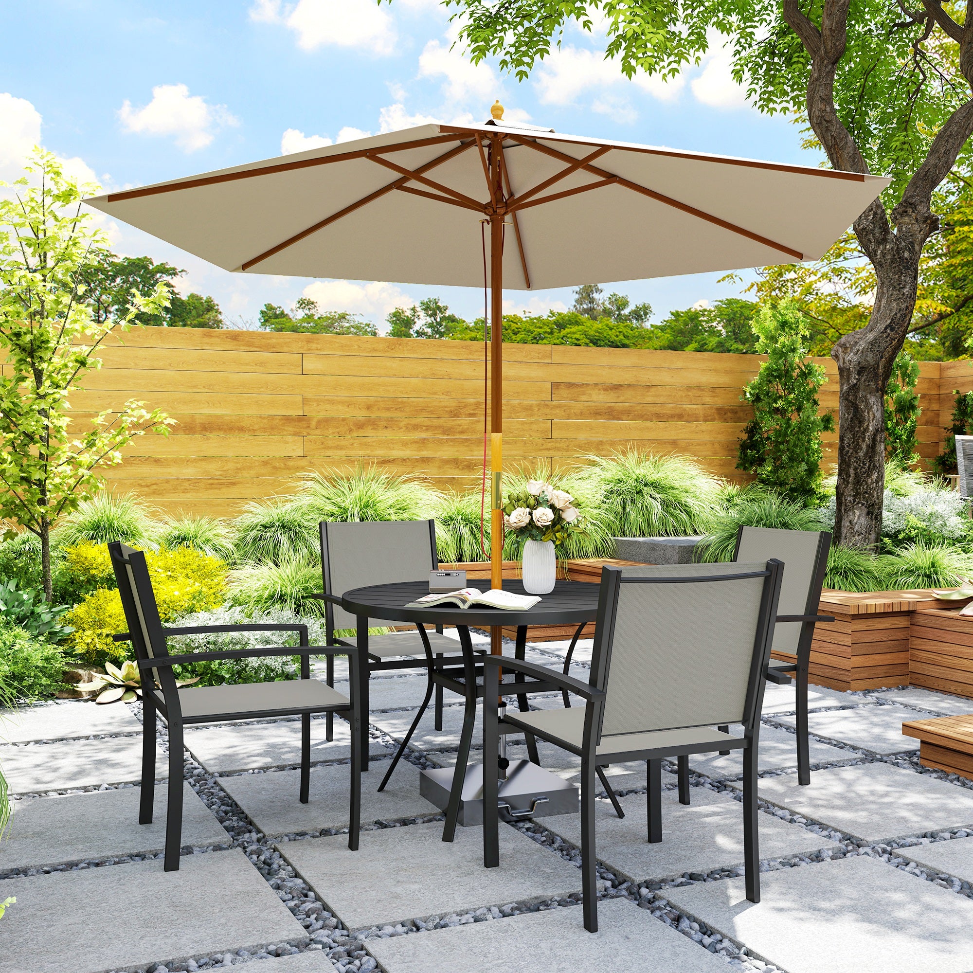 5 Piece Garden Furniture Set, Garden Dining Set with Round Table and 4 Stackable Chairs, Steel Frame, for Outdoor, Patio, Terraces, Dark Grey