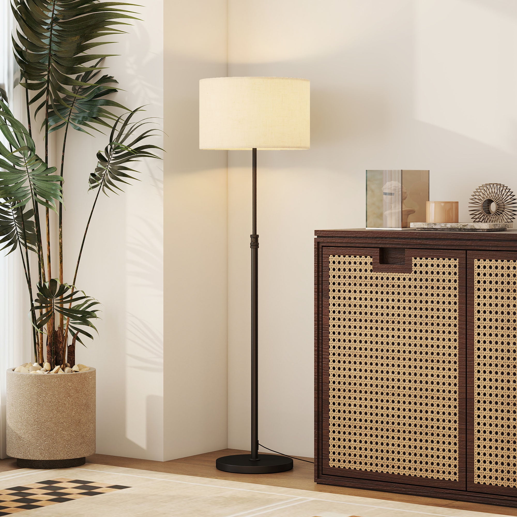 Floor Lamp with Remote, Height Adjustable Standing Lamp with Linen Shade, Dimmable with 3000K-6000K Adjustable Colour Temperatures, Foot Switch for Living Room Bedroom Office, Black