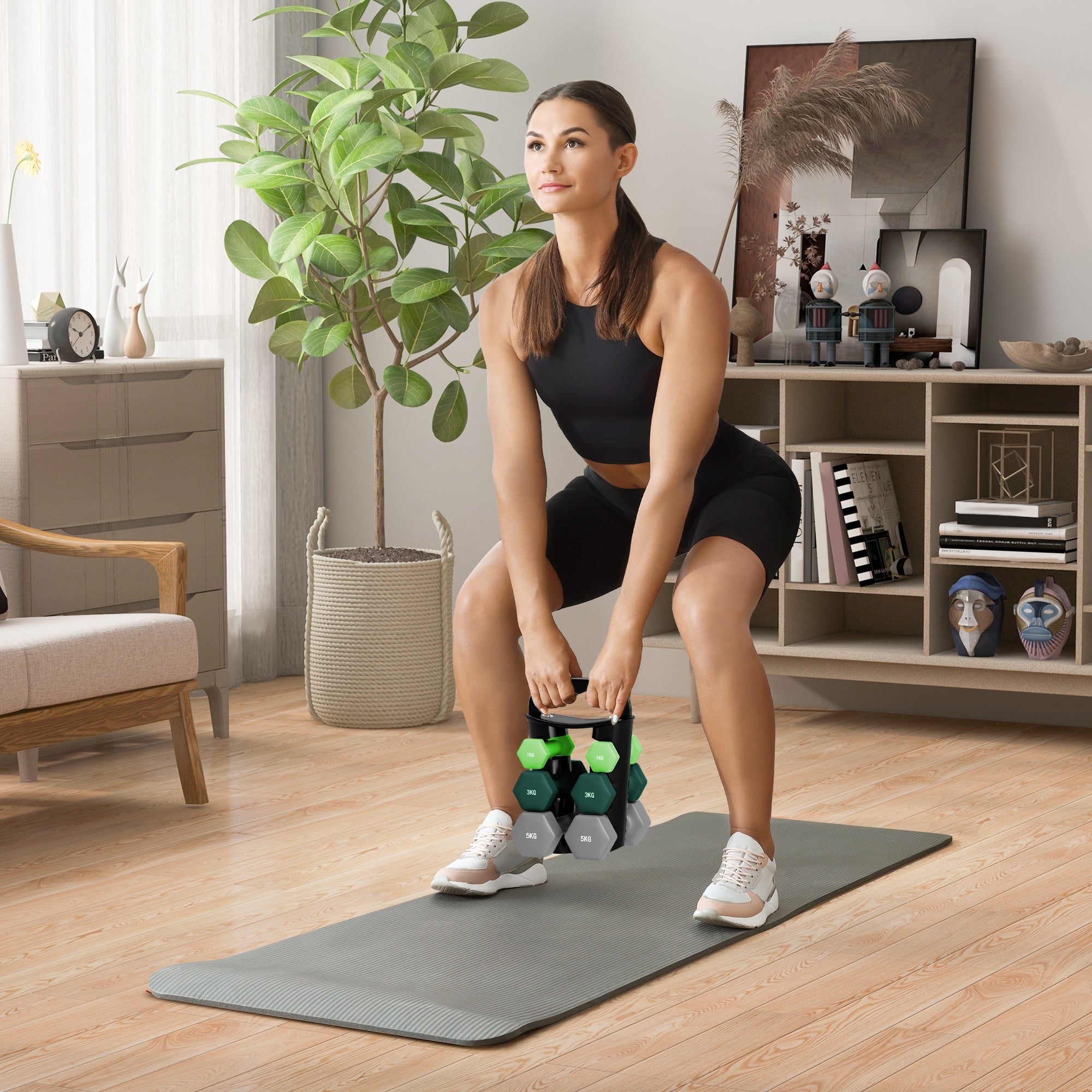 Dumbbells Set with Storage Rack, 2 x 1kg, 2 x 3kg, 2 x 5kg, Green