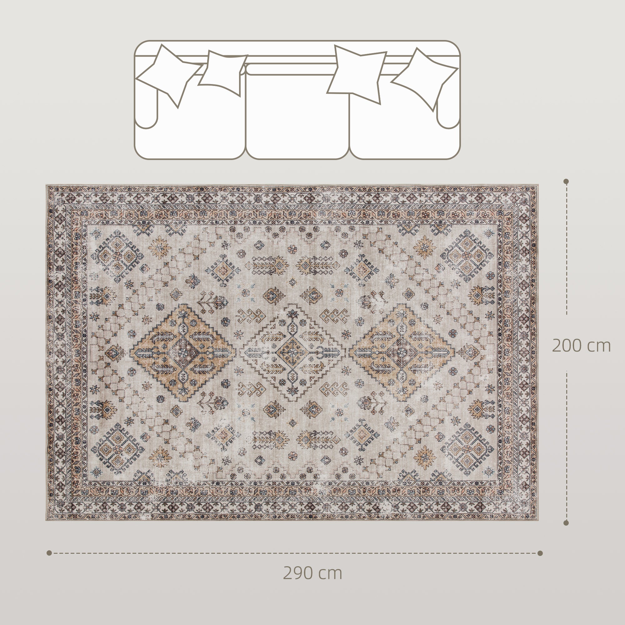Vintage Area Rug, Non-Slip Washable Rug, Flannel Floor Carpet for Living Room, Bedroom, Dining Room, Home Office, 290 x 200 cm, Beige