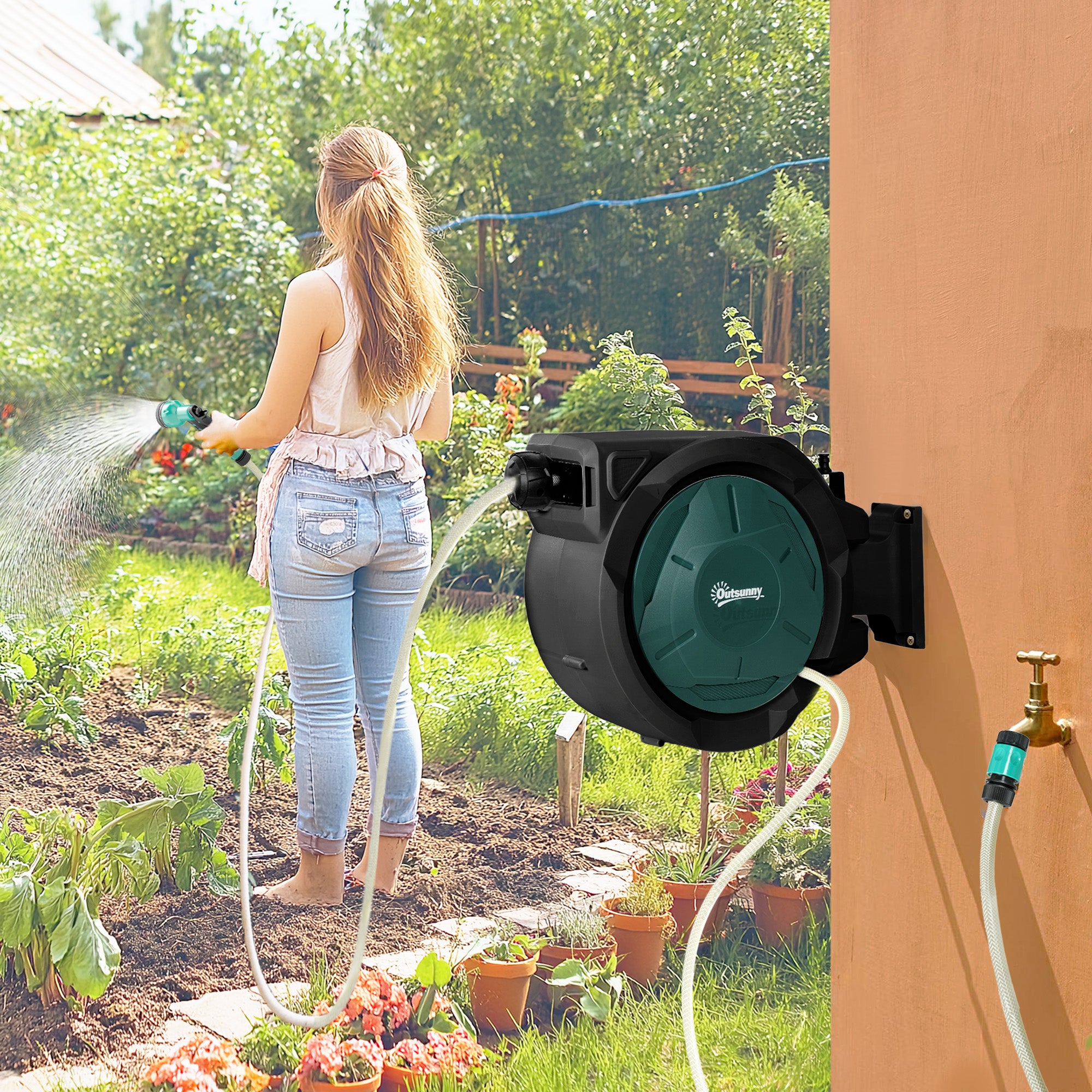 Retractable Hose Reel Wall Mounted, 30+2m Garden Hose Pipe Reel with Lock, Auto Rewind, 7 in 1 Spray Nozzle, Includes Wall Fixings, 180° Swivel, Outdoor Watering, 59 x 23 x 42 cm, Green