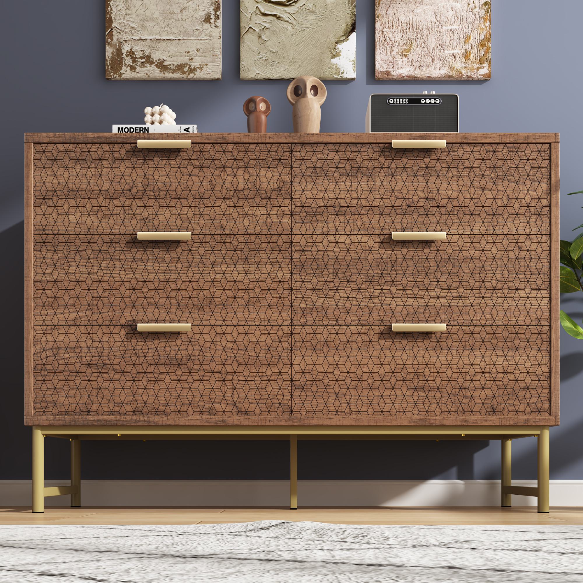 Embossed Design Sideboard Cabinet Dresser with 6 Drawers, Anti-tip, Storage Cabinet for Hallway, 120L x 40W x 75H cm, Walnut