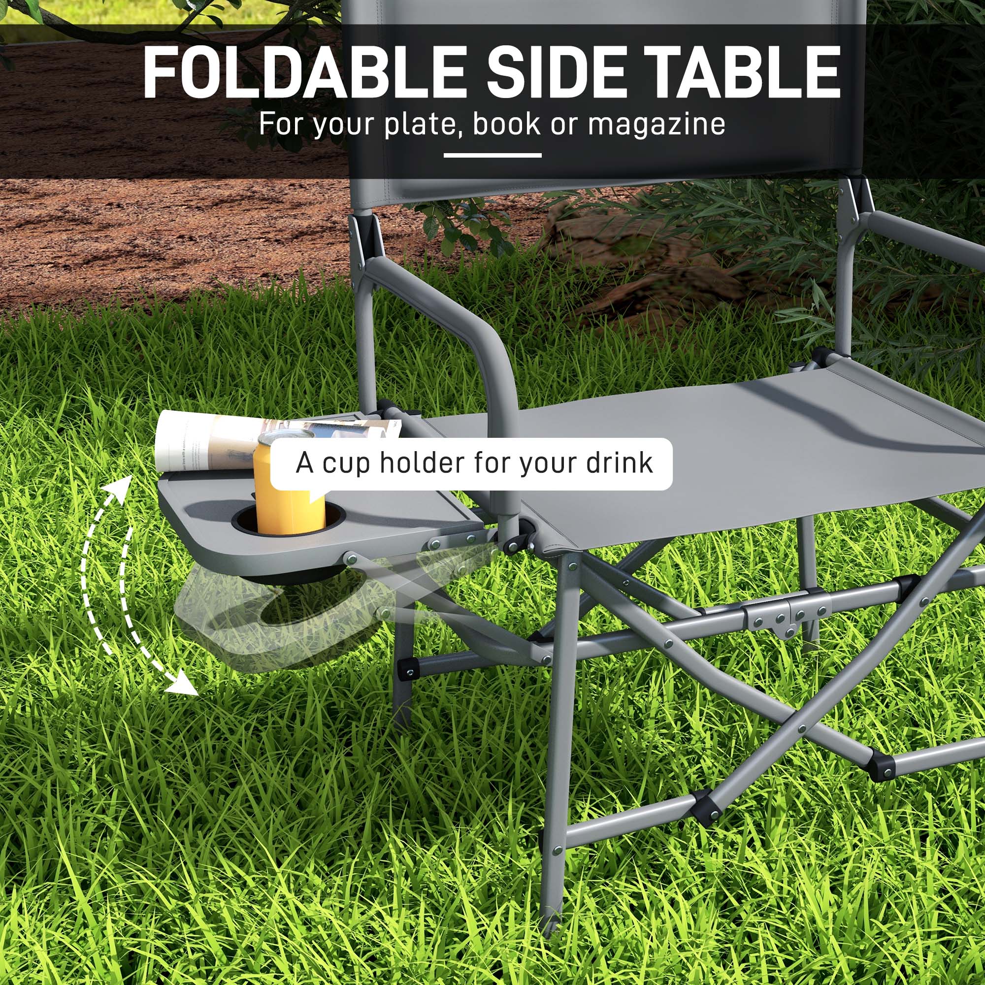 Folding Directors Camping Chair, with Side Table - Grey