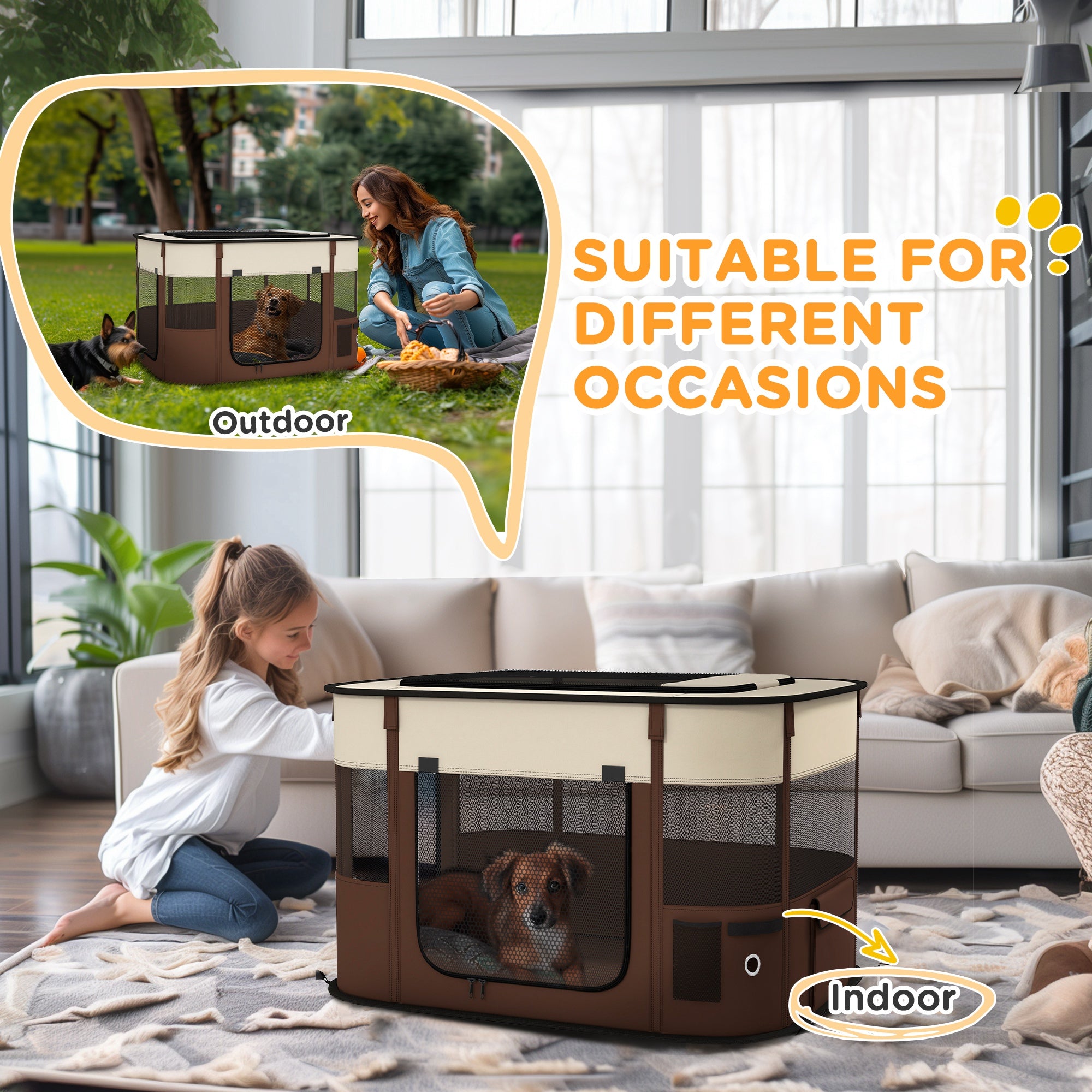 Foldable Dog Pen with Storage Bag for Indoor/Outdoor Use, Portable Pet playpen, with Ground Stakes - Brown