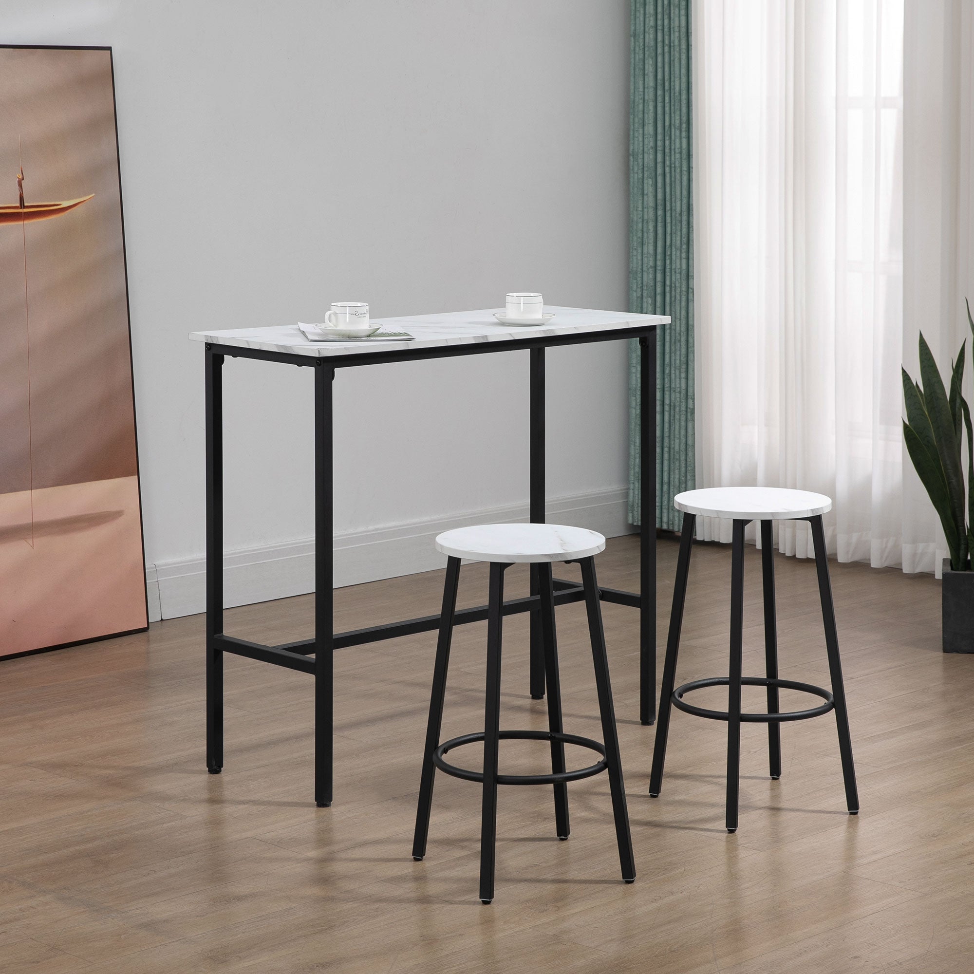 Three-Piece Marble-Effect Bar Table Set - White/Black