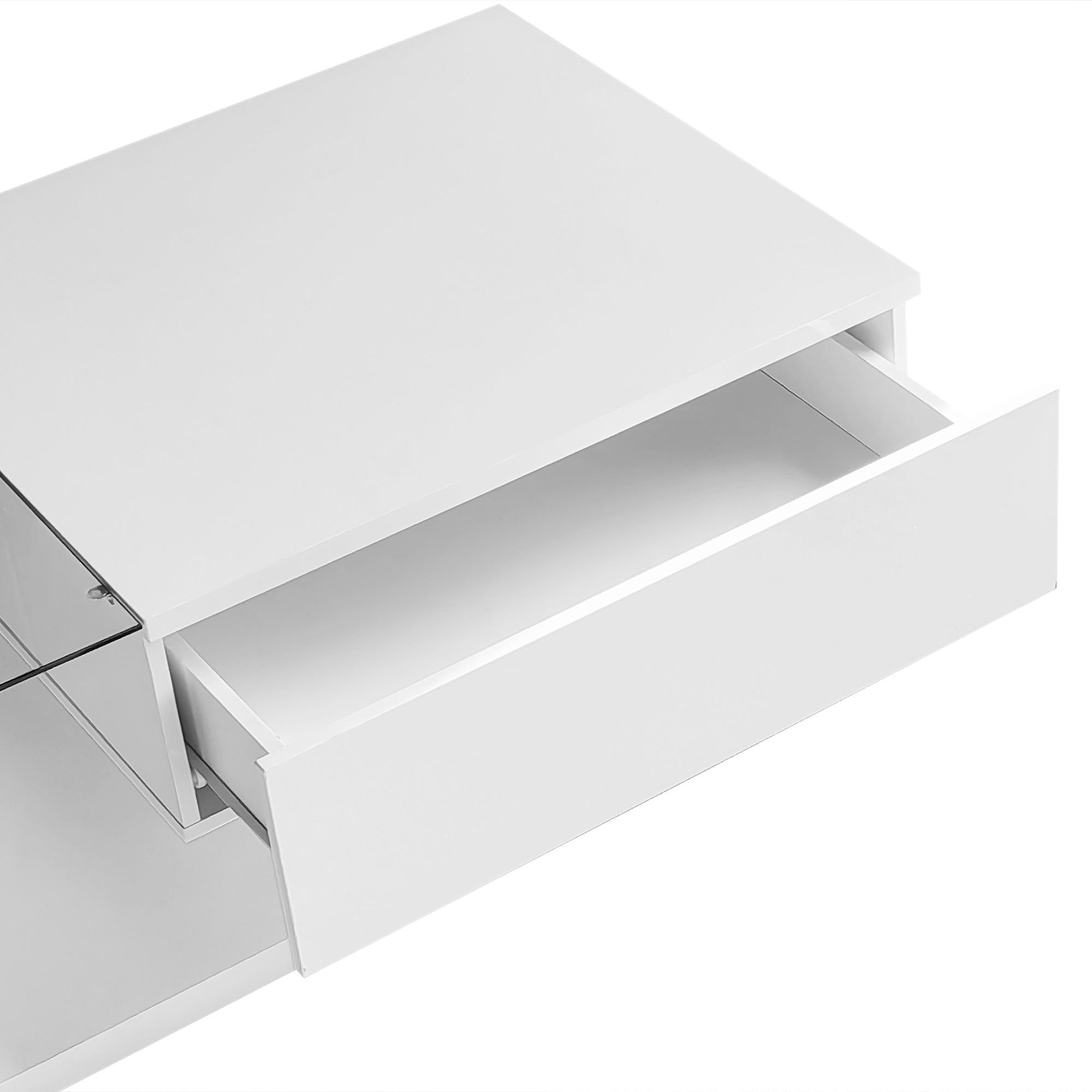 High-Gloss Coffee Table with Glass Top and LED Lights, Sofa Table for Living Room, 105L x 55W x 32.5H cm, White