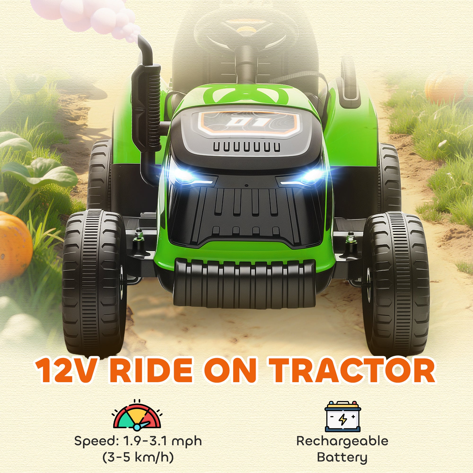 12V Ride on Tractor and Trailer with Remote Control, Music, Shifter, Start-Up Sound, for Kids Ages 3-8 Years, Green