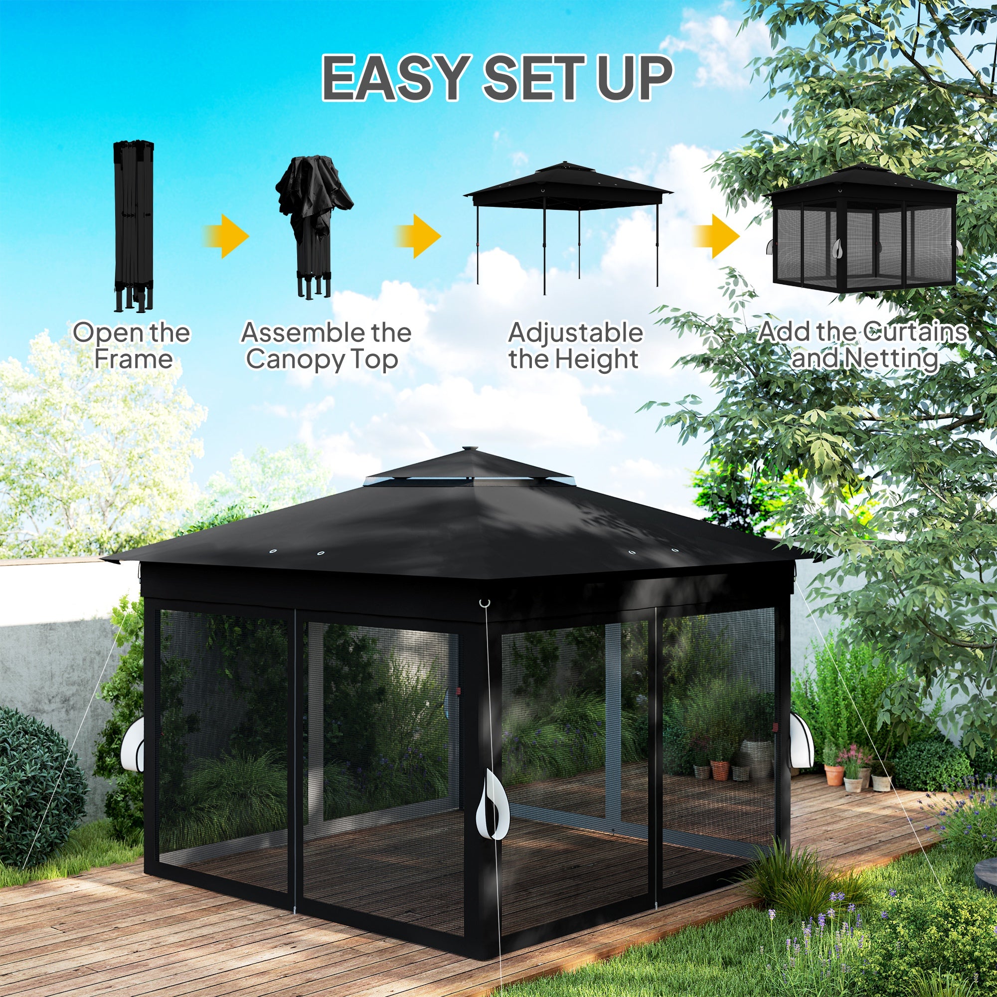 3 x 3 Metre Pop Up Gazebo with Solar LED Lights and Netting - Black