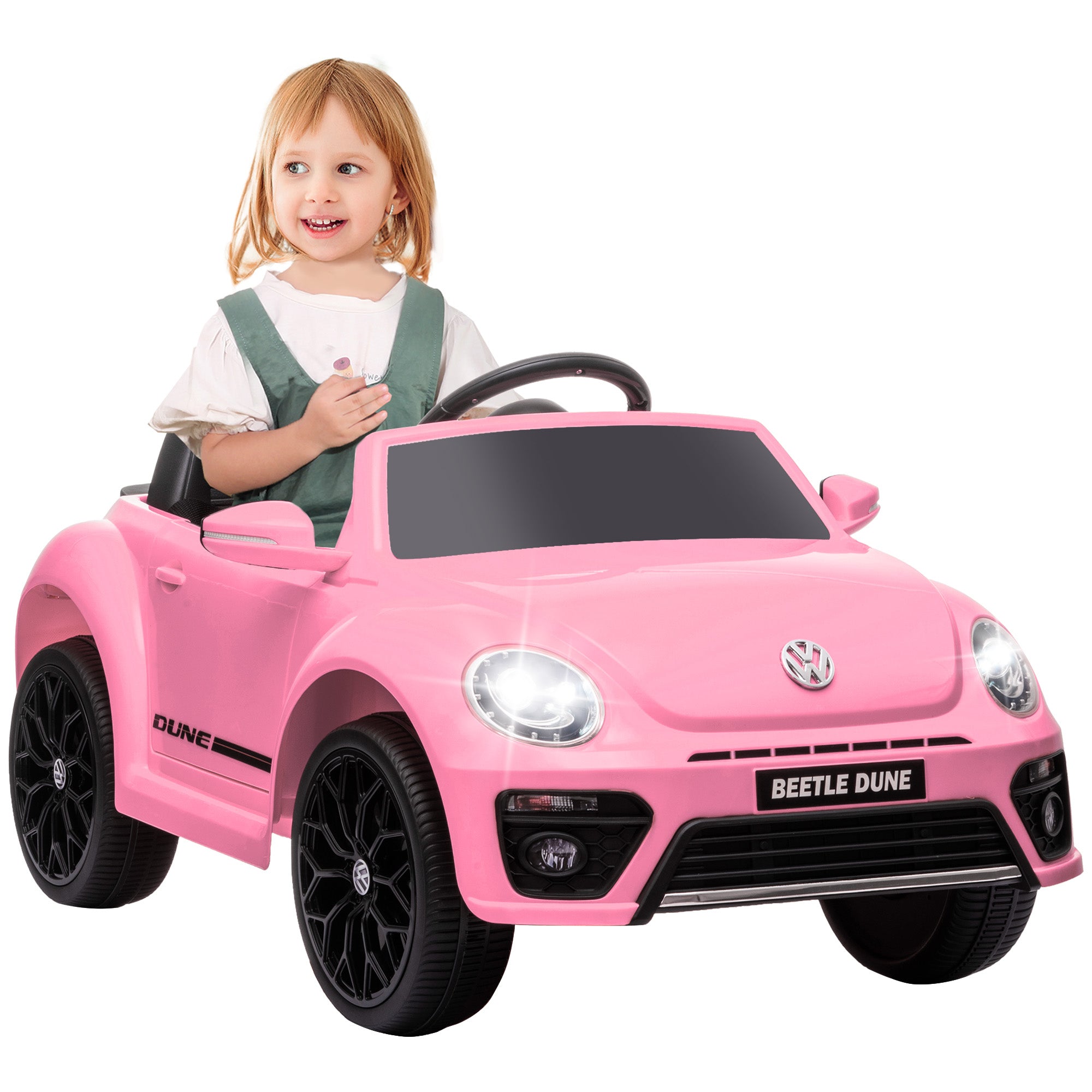 Volkswagen Beetle Licensed 12V Ride on Car w/ Remote Control, Suspension Wheels, Soft Start, Lights, Music, Pink