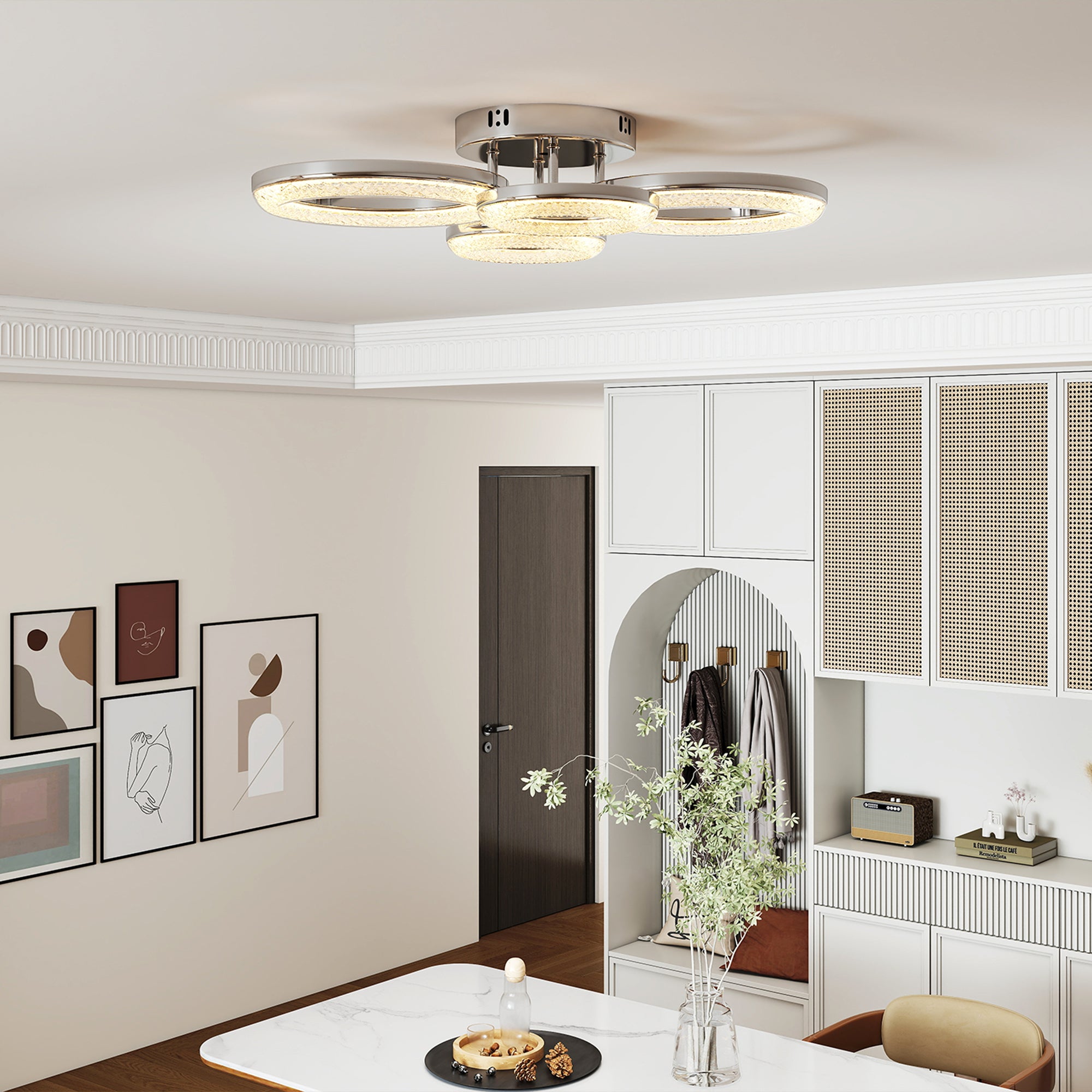 LED Ceiling Light, Modern Dimmable 4 Rings Ceiling Lamp with Wall Switch, 40W 4350lm Flush Mount Ceiling Light with 3500K/4500K/6000K Colour Temperatures for Living Room, Bedroom, Silver Tone