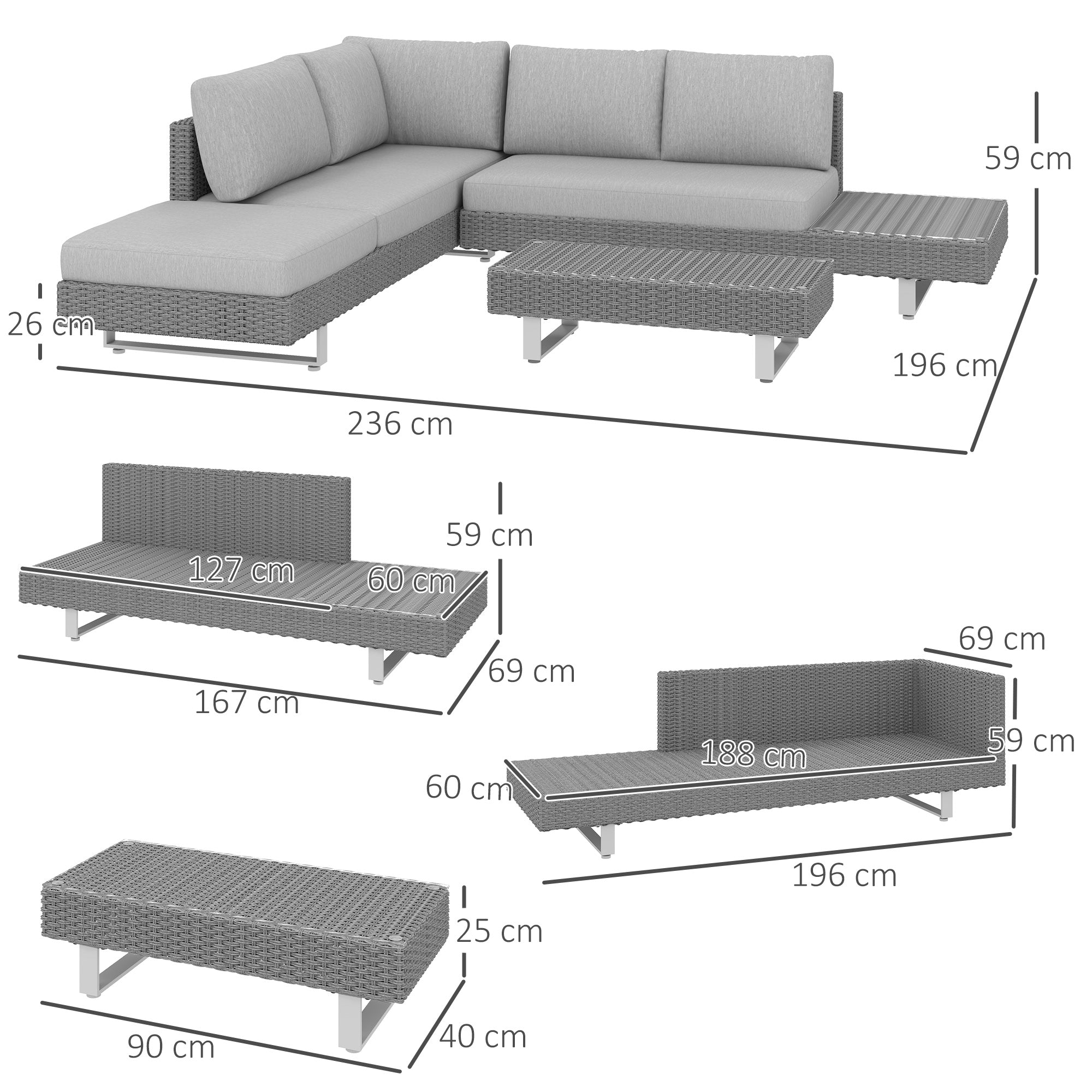 5-Seater Rattan Wicker Patio Sofa Set with Cushions and Tea Table - Light Grey