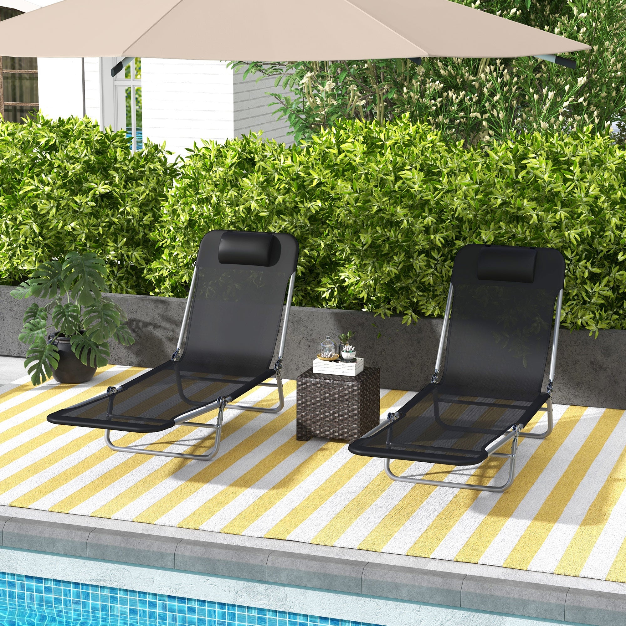 Set of Two Steel Frame Sun Loungers, with Reclining Backs - Black