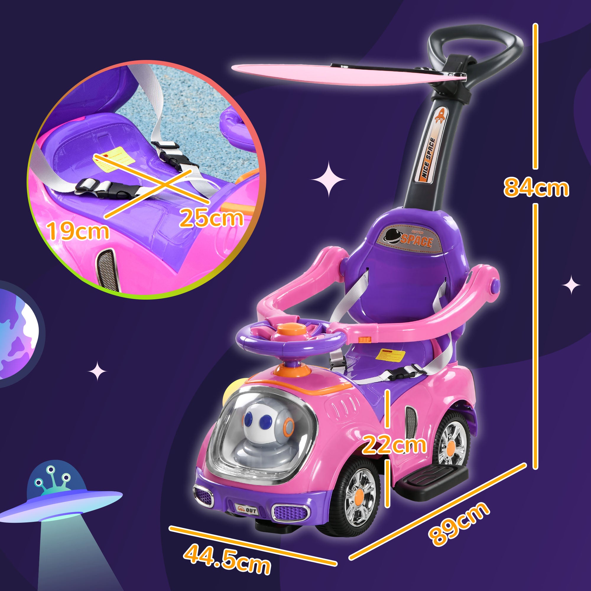 3 in 1 Ride on Push Car, Cartoon Robot Theme Foot to Floor Slider w/ Handle Light Music Horn, Storage - Pink