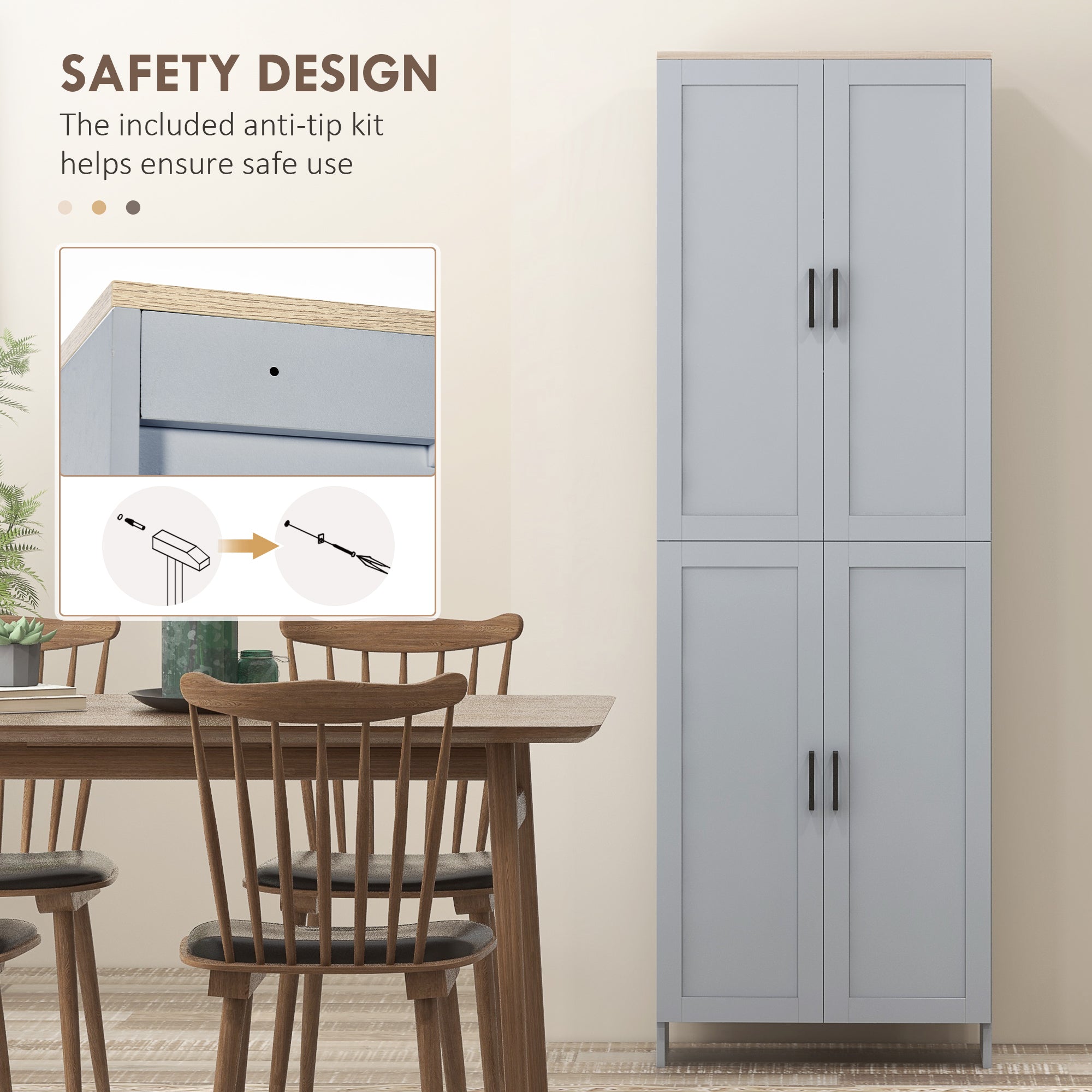 Freestanding Kitchen Cupboard, 4-Door Storage Cabinet Organizer with Adjustable Shelves Grey