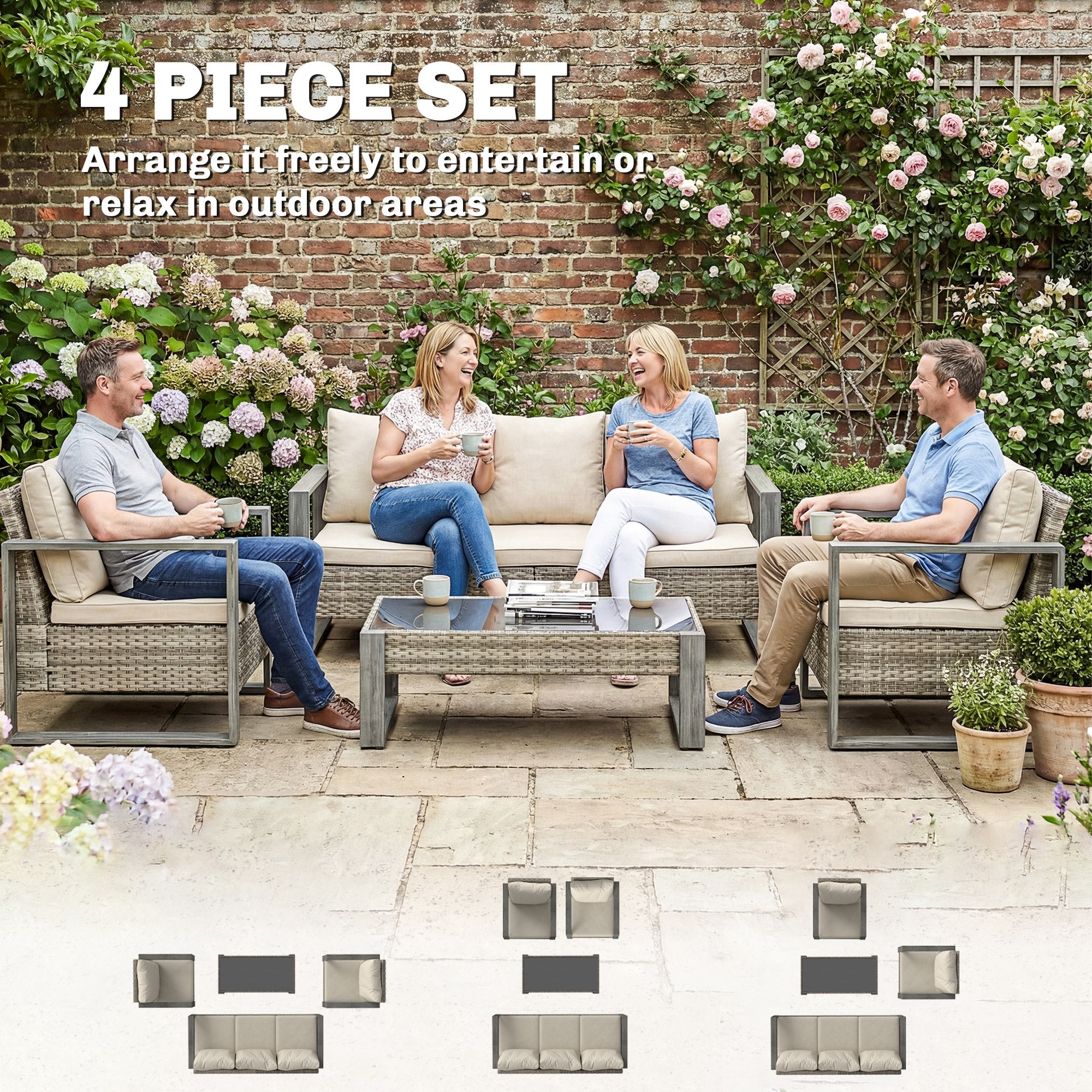 Rattan Garden Set, 4 Piece Rattan Garden Furniture Set with 3-Seater Sofa, Armchairs, Table, Aluminium Frame Patio Furniture, Khaki