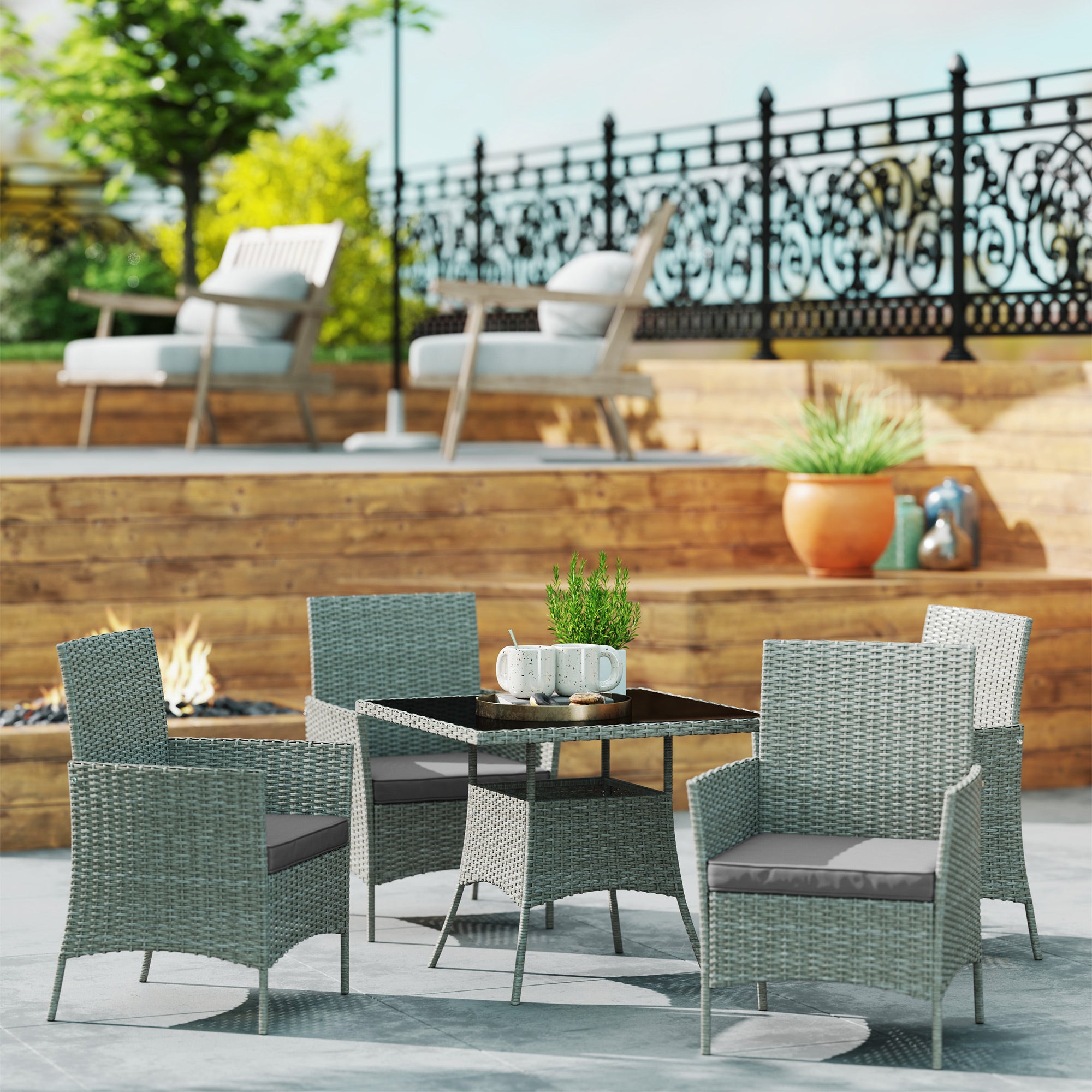 Five-Pieces Rattan Outdoor Dining Set with Cushions - Light Grey