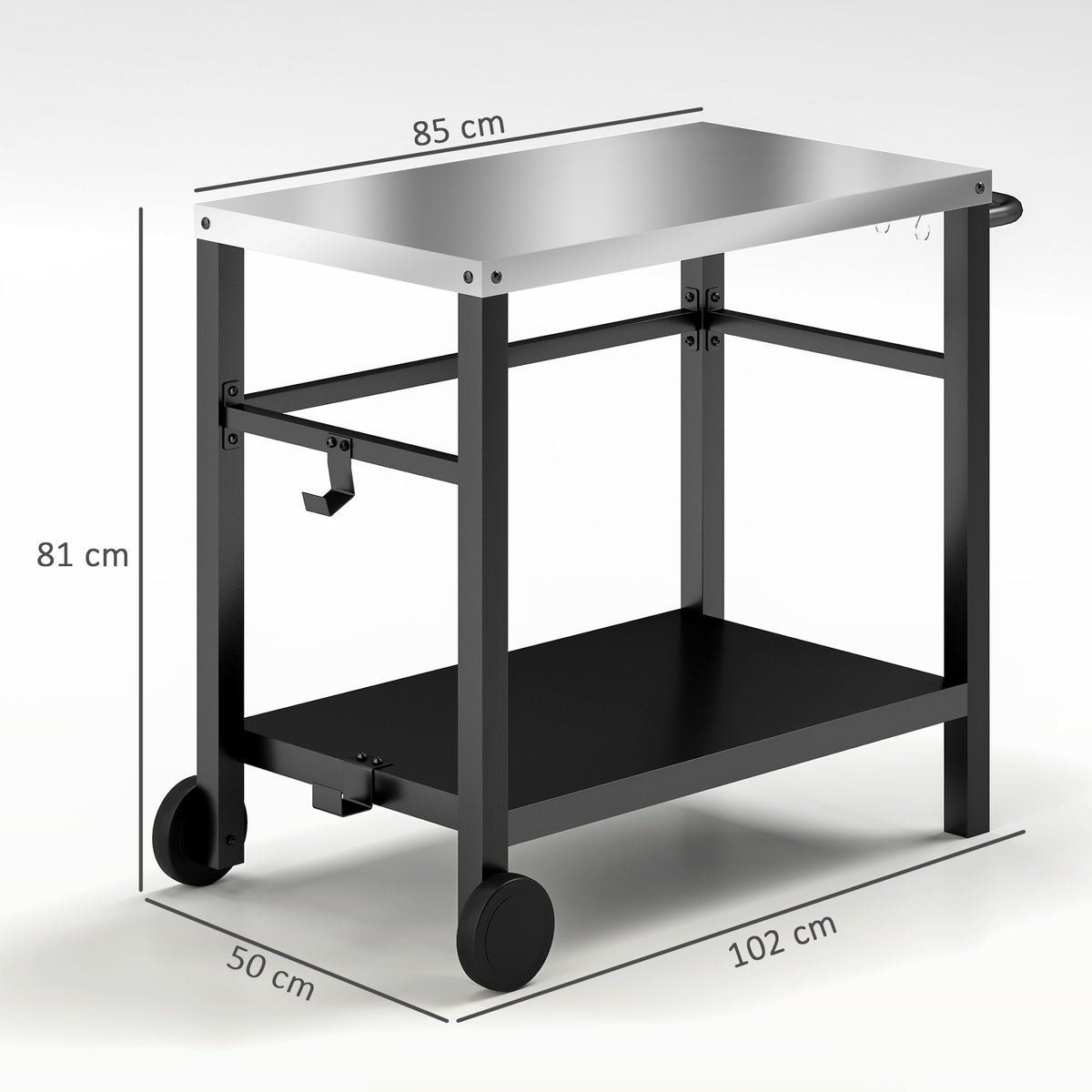 Outdoor Grill Dining Cart with 2 Shelves, Stainless Steel Top, Wheels & Hooks - Charcoal Grey
