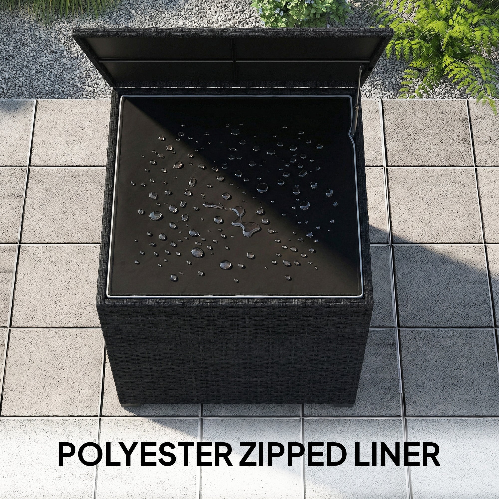 253L Garden Storage Box, Rattan Deck Box with Zipped Liner, Safe Pneumatic Rod, Patio Storage Container, Black