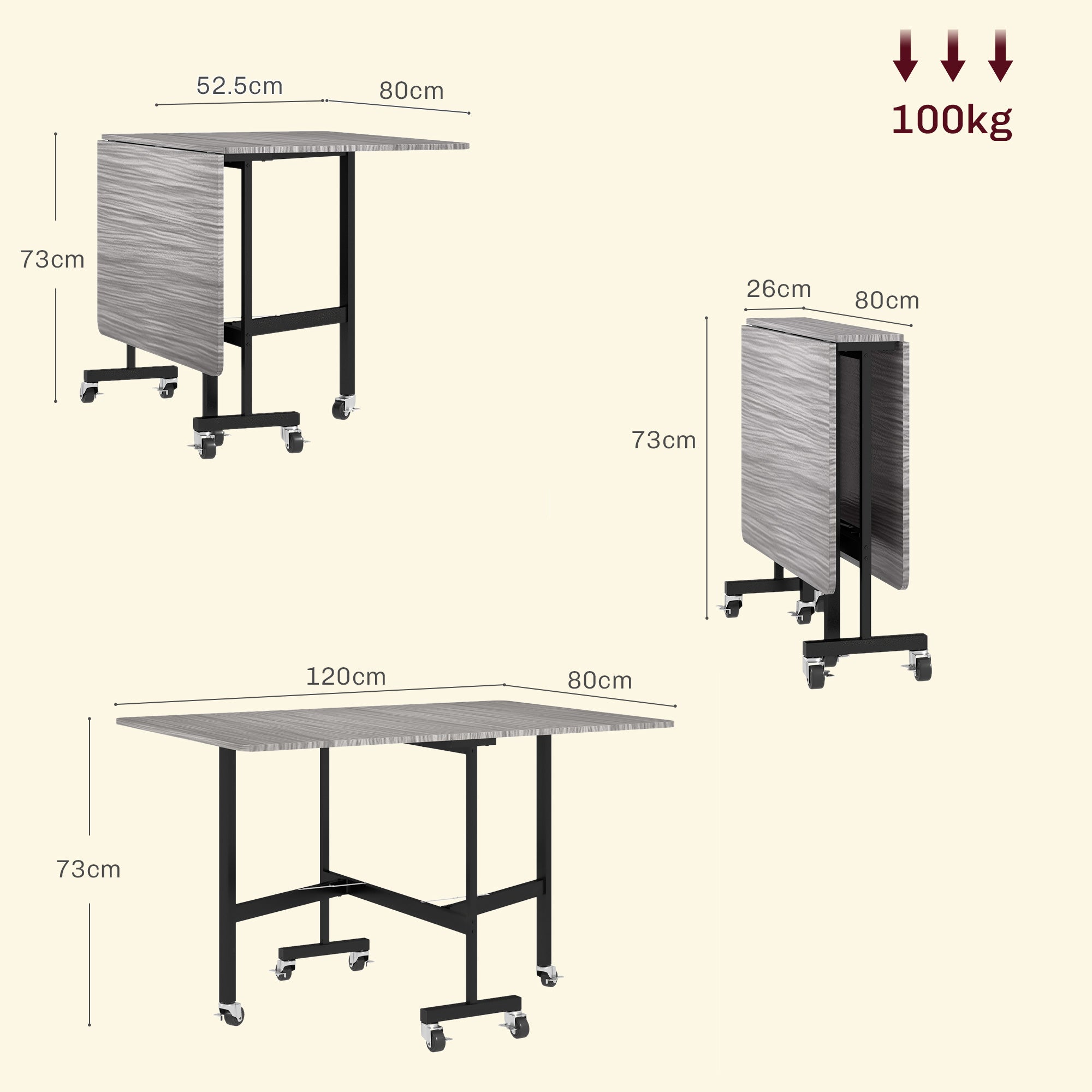 Six-Seater Drop-Leaf Dining Table with Wheels - Grey Wood-Effect